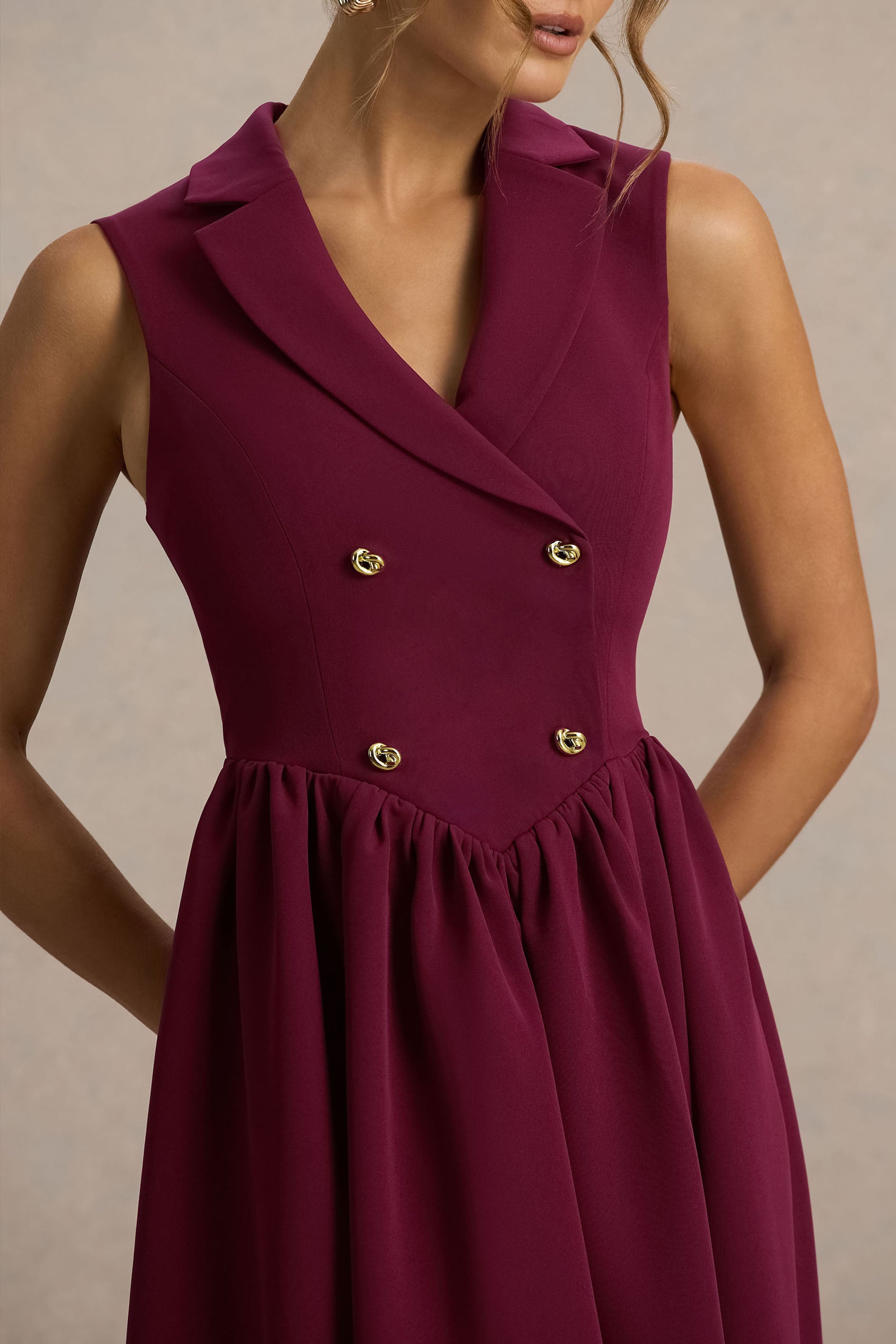 Lisa | Burgundy Plunge-Neck Tailored Midi Dress With Button-Detailing-Sowoom