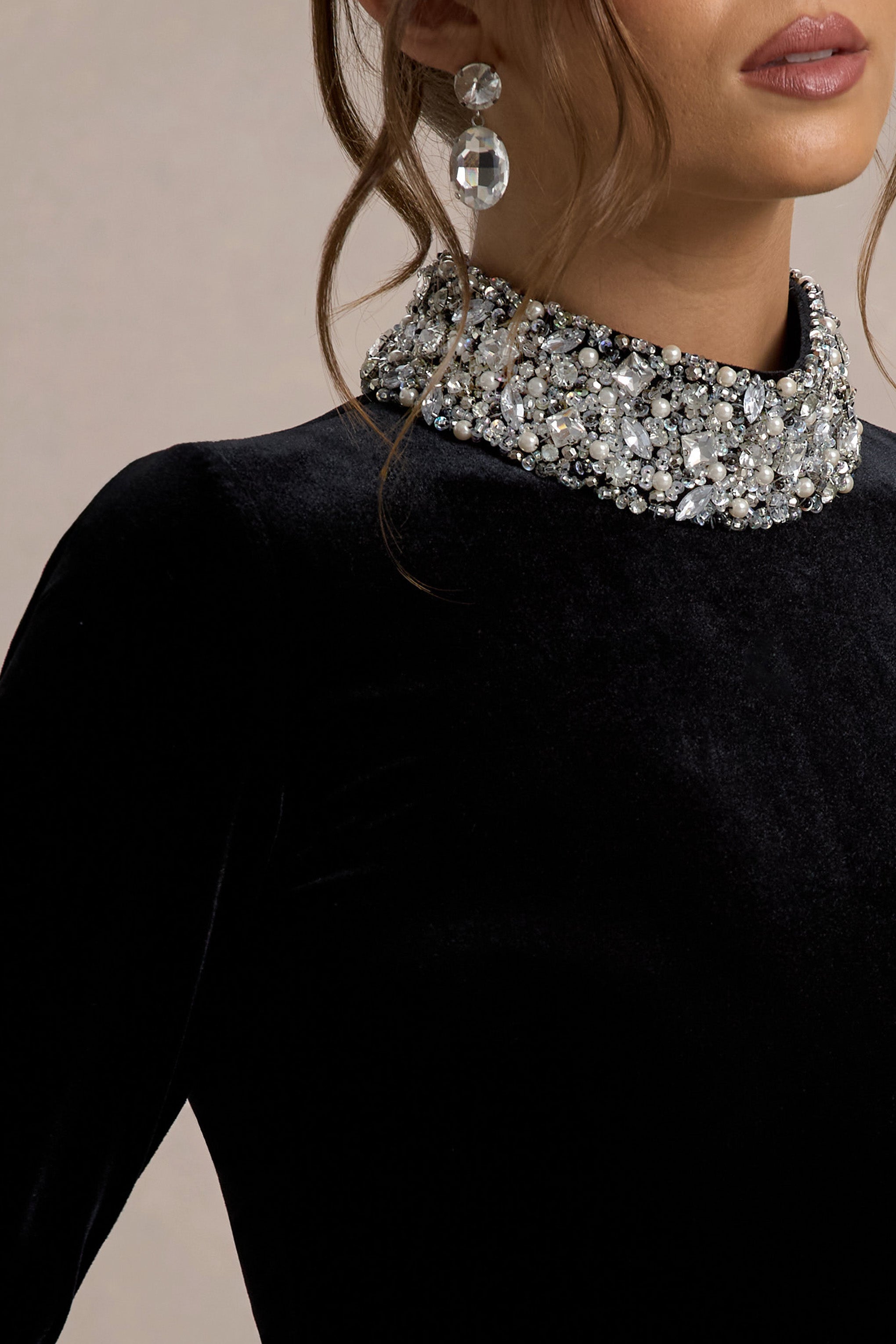 Love Lost | Black Velvet Embellished Twist Maxi Dress-Sowoom