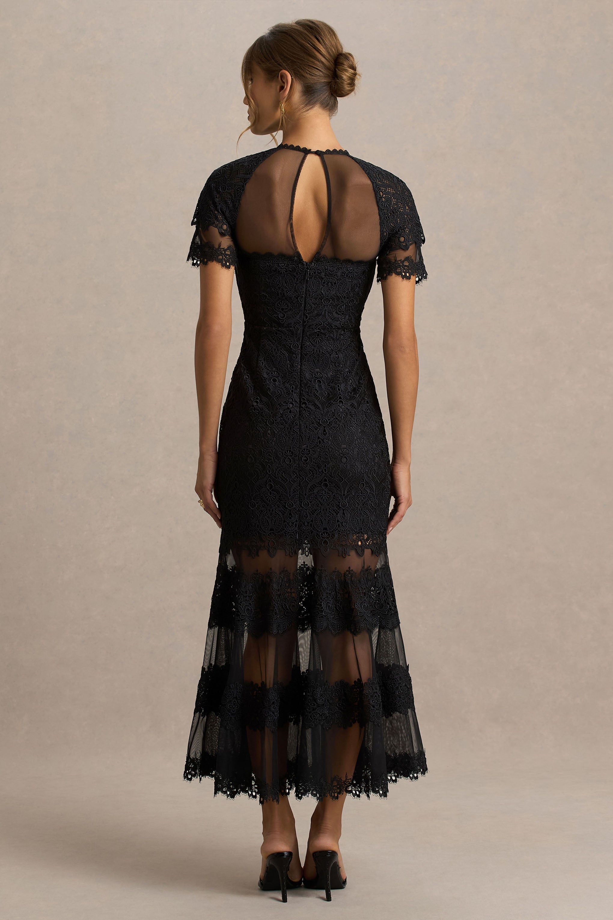 Leanne | Black Mesh And Lace Crew-Neck Fishtail Midi Dress-Sowoom