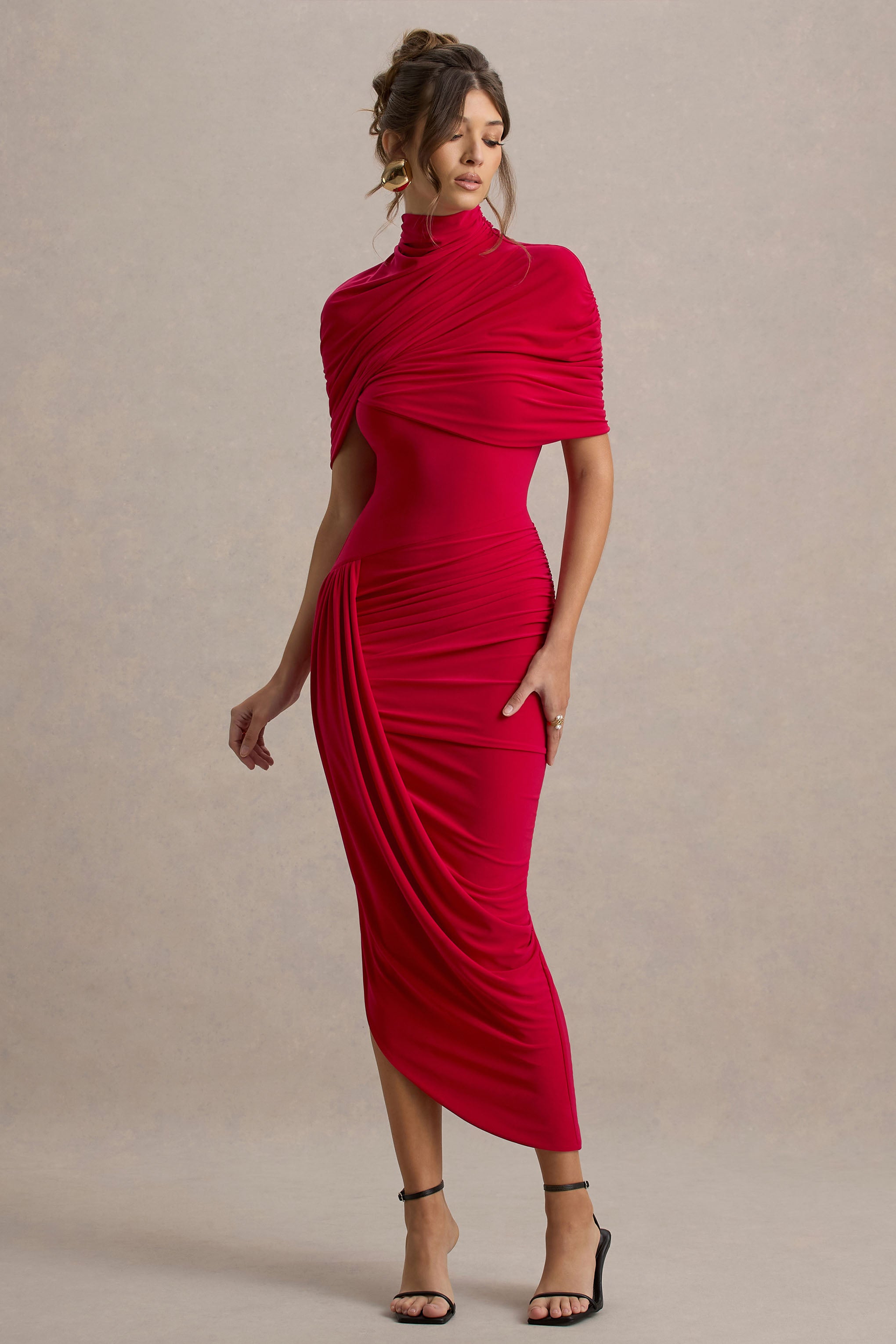 Enchant | Red Asymmetric Twisted Cape Midi Dress-Sowoom