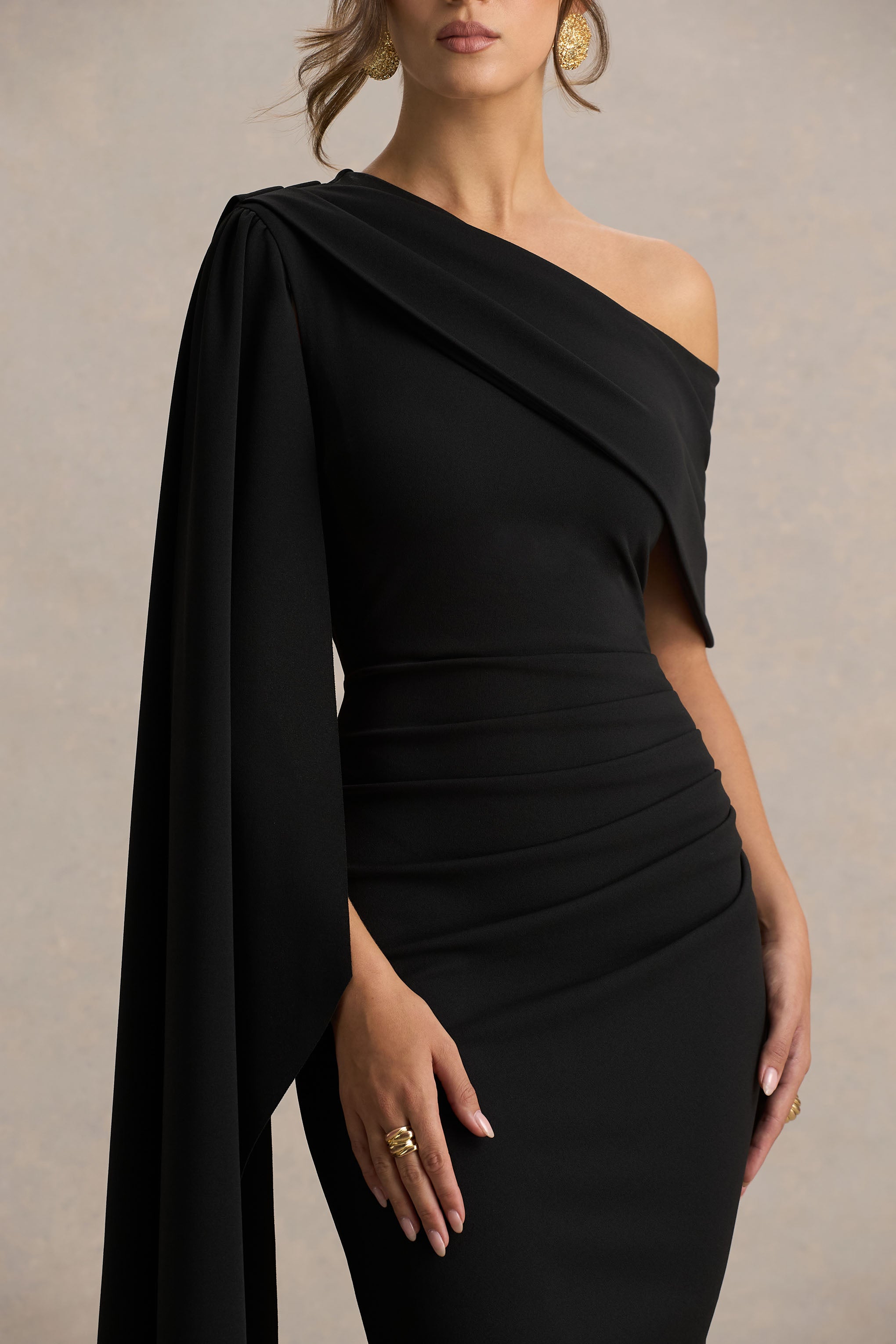 Leah | Black Asymmetric-Neck Midi Dress With Cape-Sleeve-Sowoom