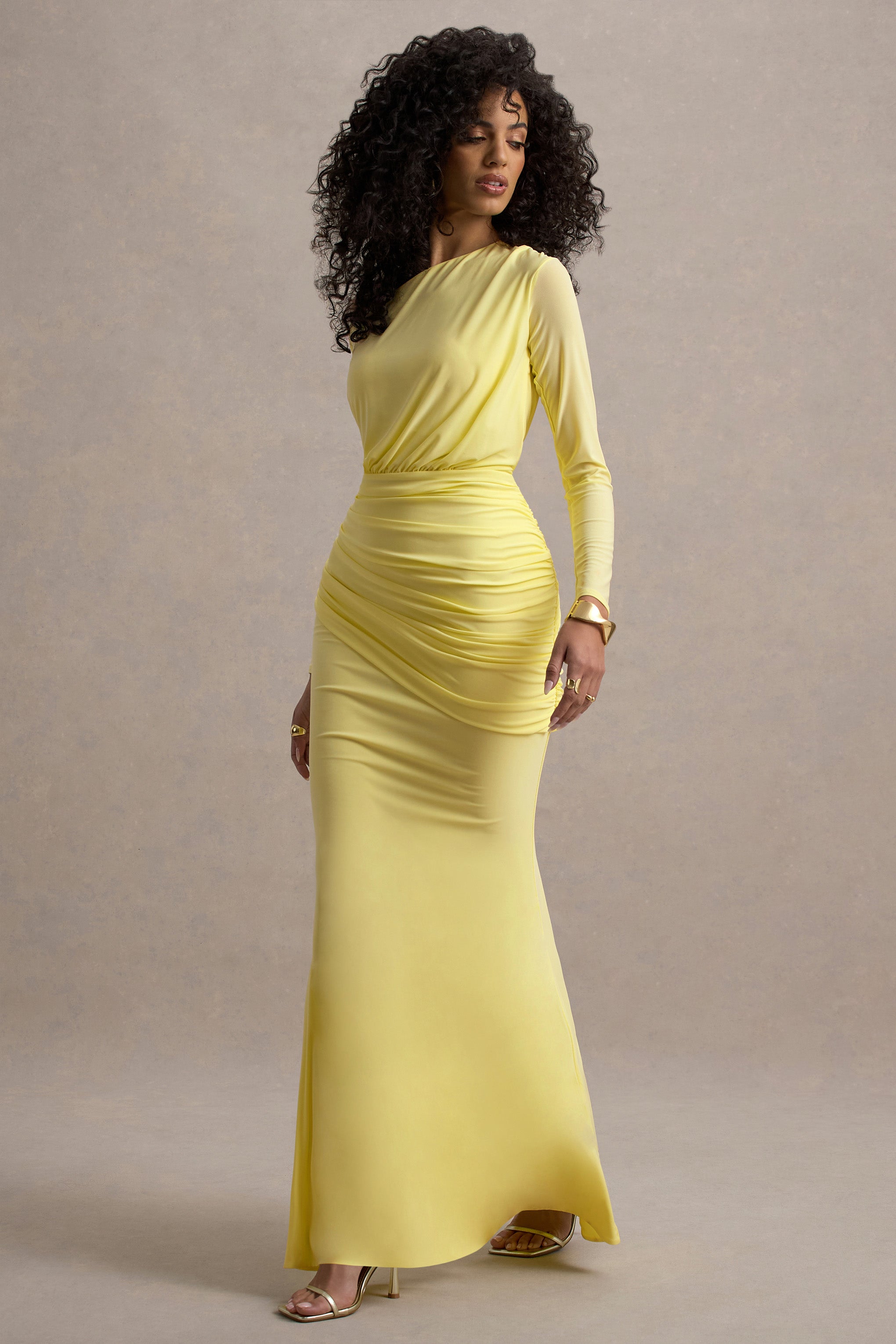 Deanna | Lemon Asymmetric Long-Sleeve Ruched Maxi Dress-Sowoom