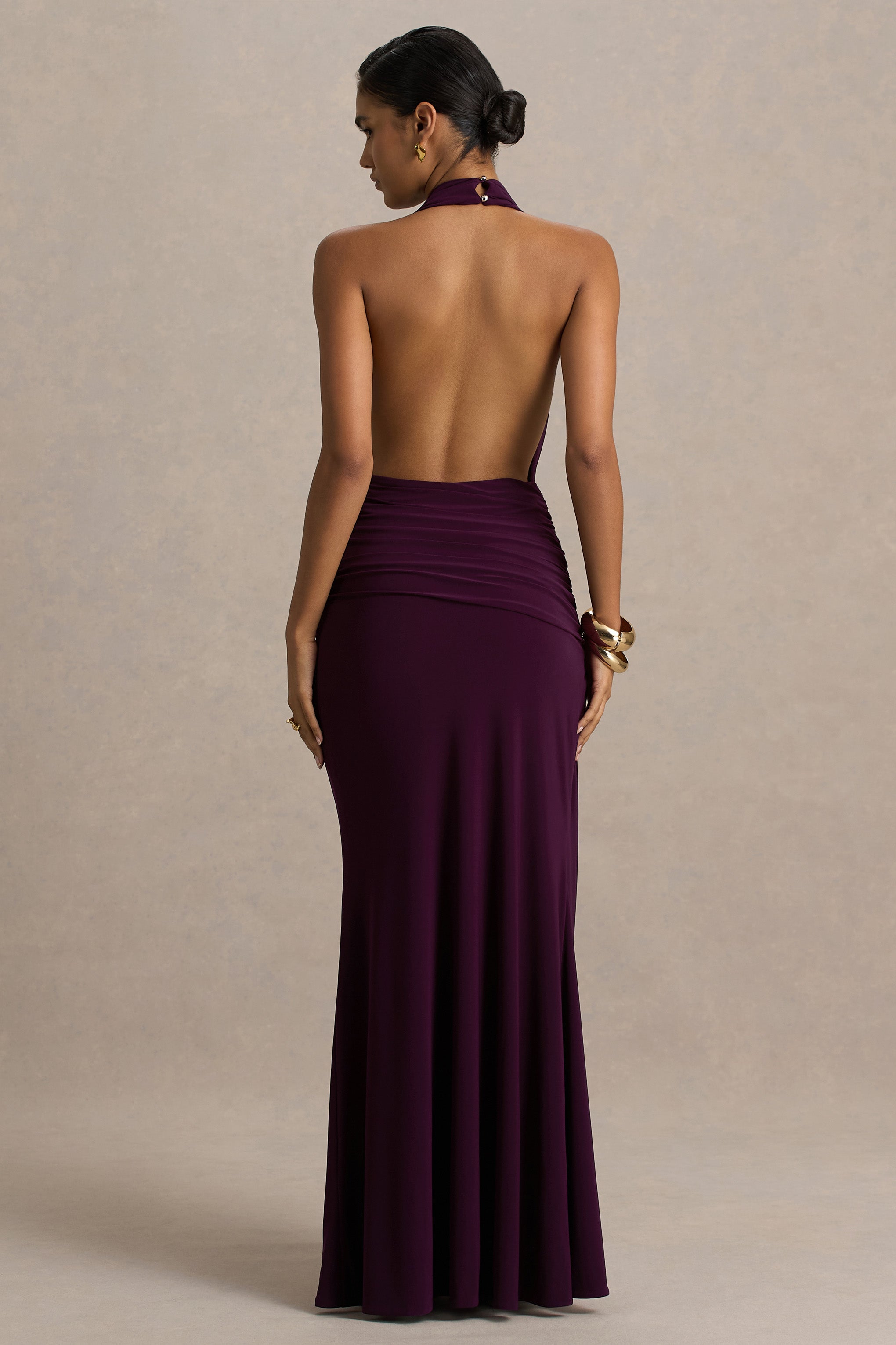 Tilly | Burgundy Extreme Plunge-Neck Maxi Dress With Wrap And Ruched Details-Sowoom