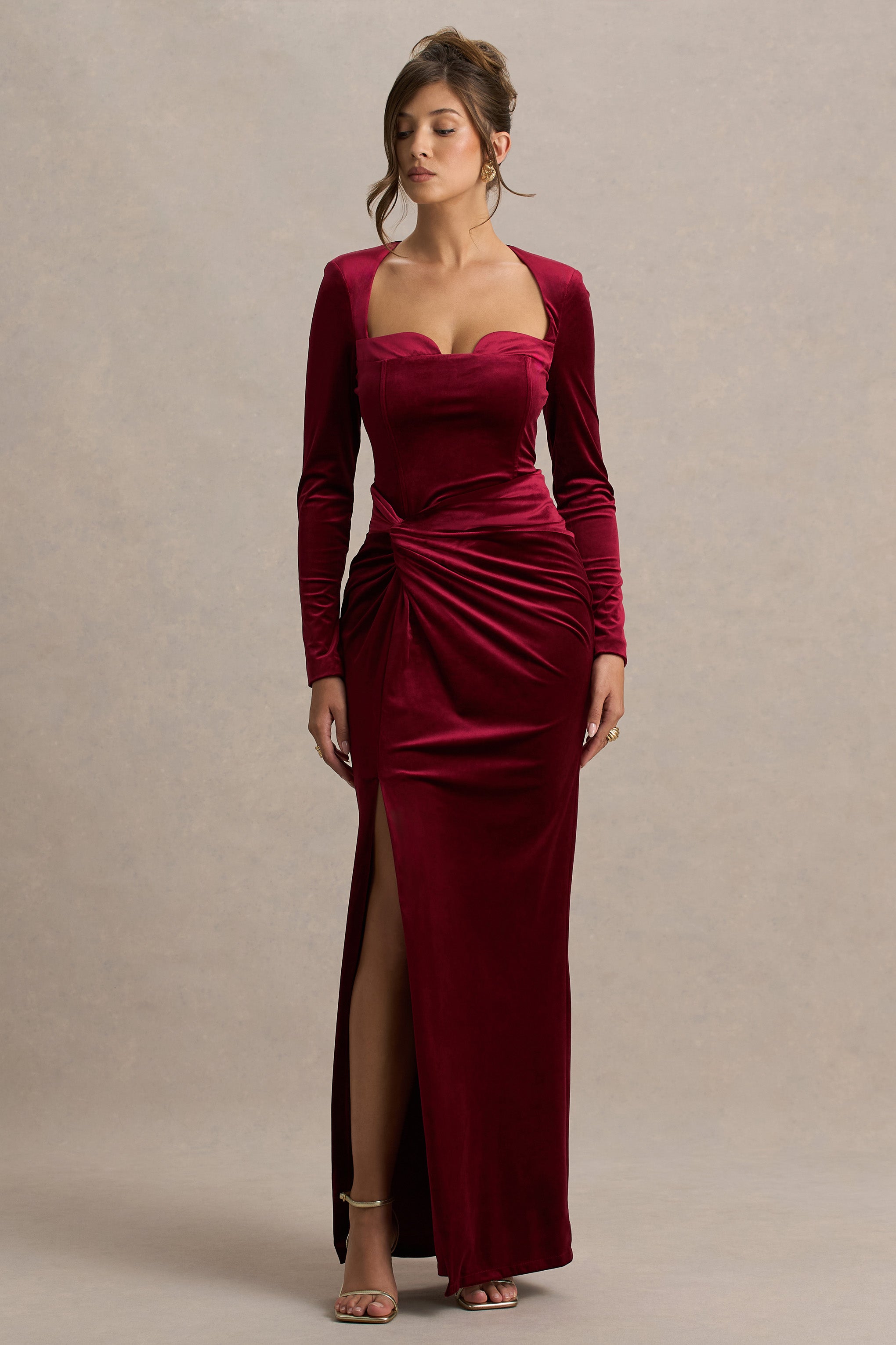 Fay | Berry Velvet Corset Style Knot Maxi Dress-Sowoom