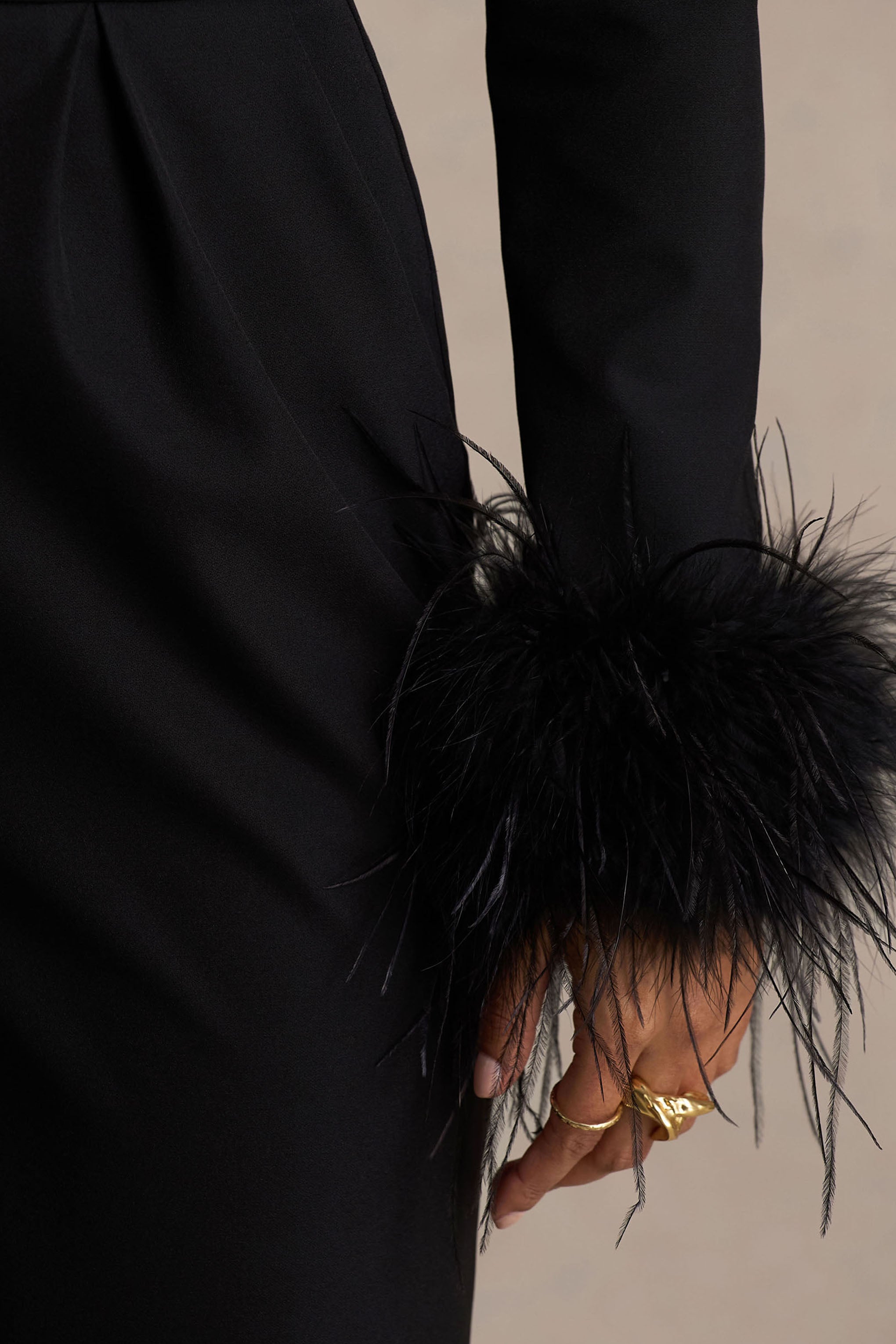 Lissy | Black Plunge-Neck Jumpsuit With Feather-Detailed Sleeves-Sowoom