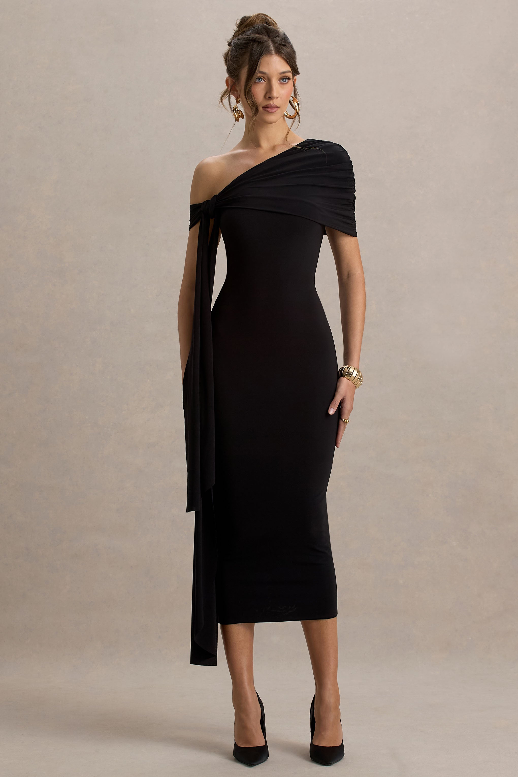 Praia | Black Asymmetric-Neck Maxi Dress With Sash and Draped Detailing-Sowoom