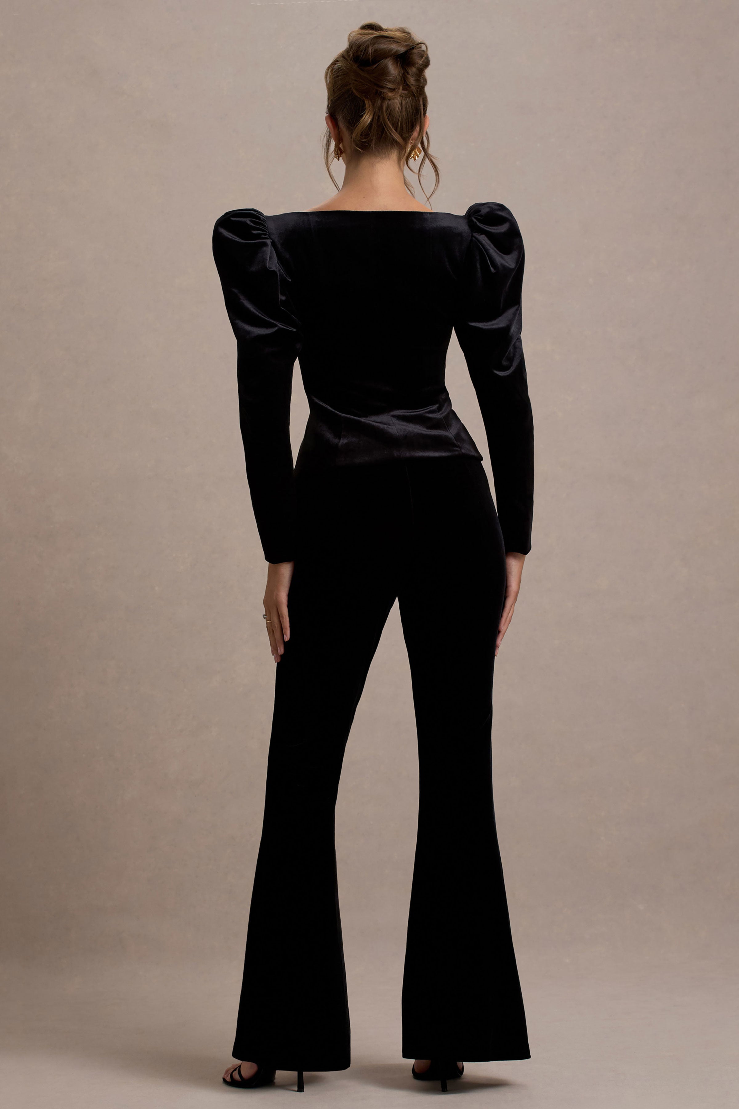 Suzu | Black Velvet Puff-Sleeve Top With Bows-Sowoom