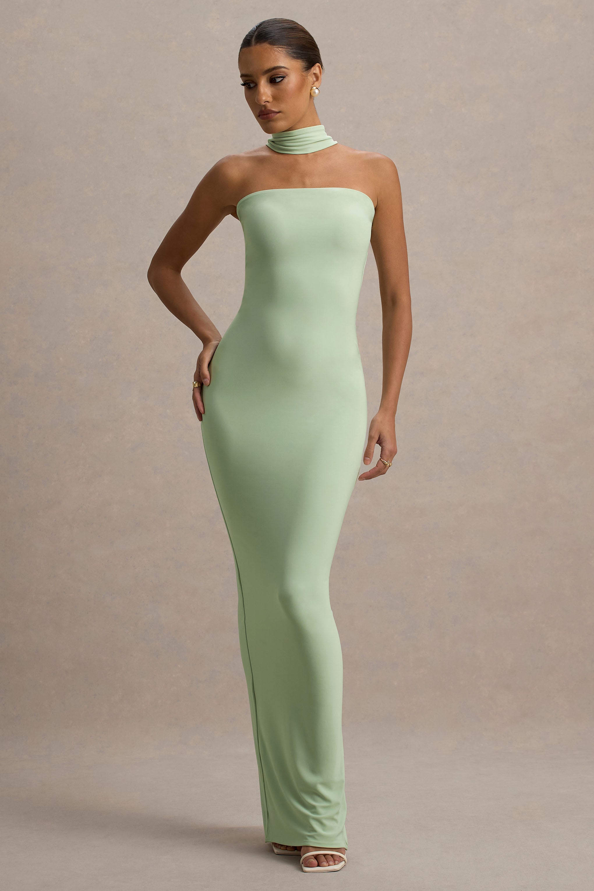 Nobu | Light Green Bandeau Maxi Dress With Halter-Collar-Sowoom