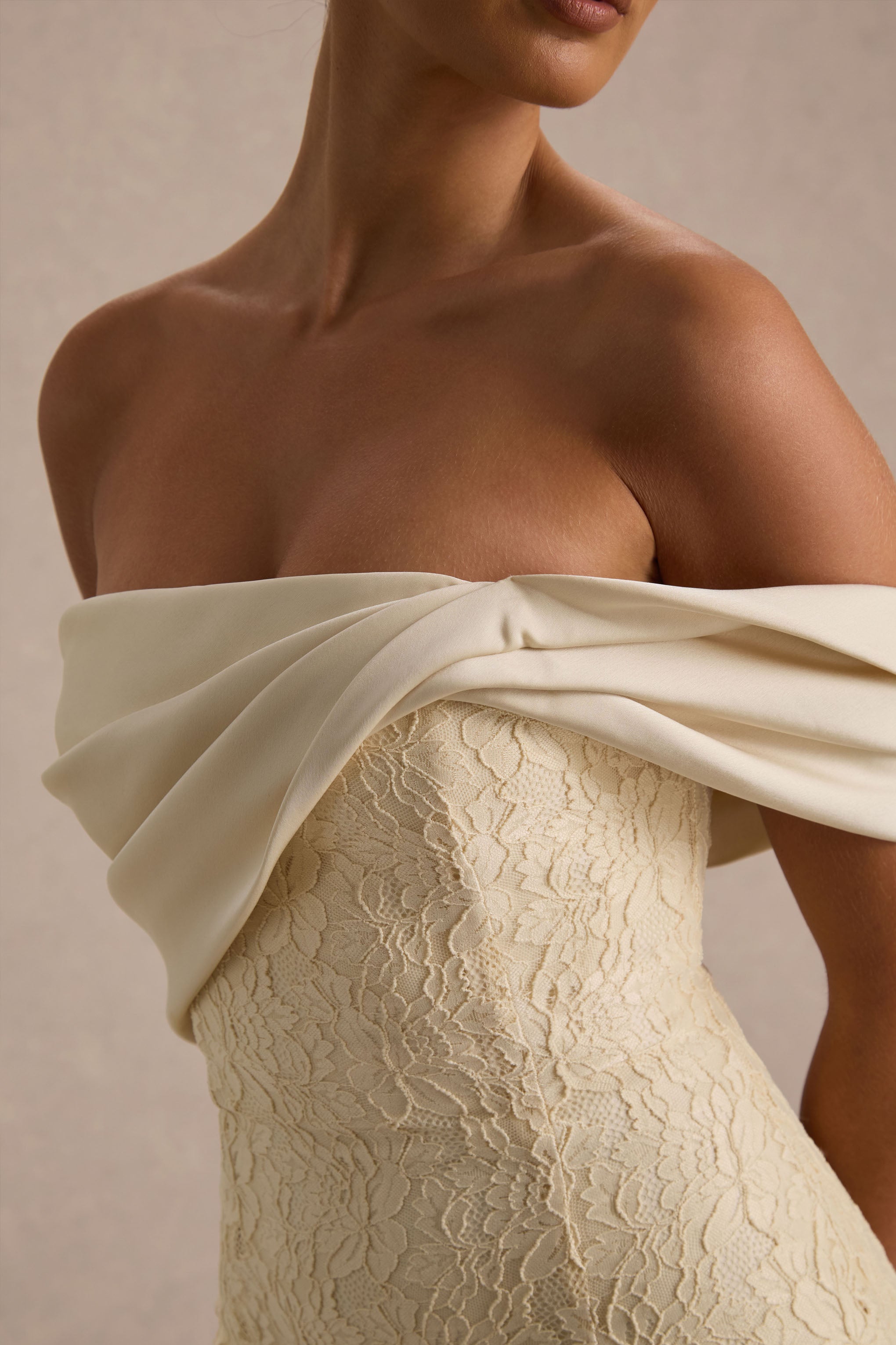 Solora | Cream Lace Twisted Bardot-Neck Maxi Dress-Sowoom