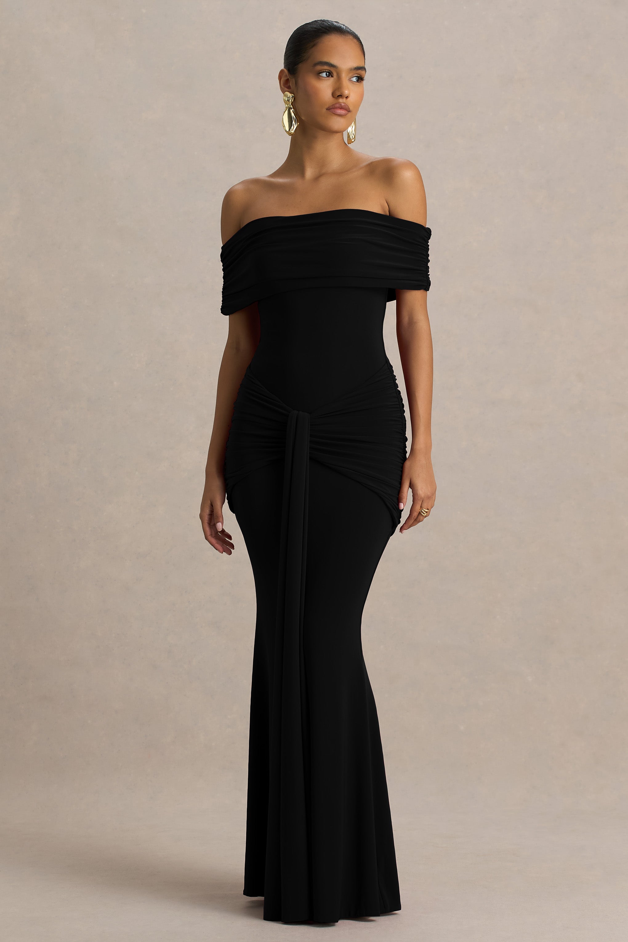 Envisioned | Black Bardot-Neck Maxi Dress With Gathered And Drape Detail-Sowoom