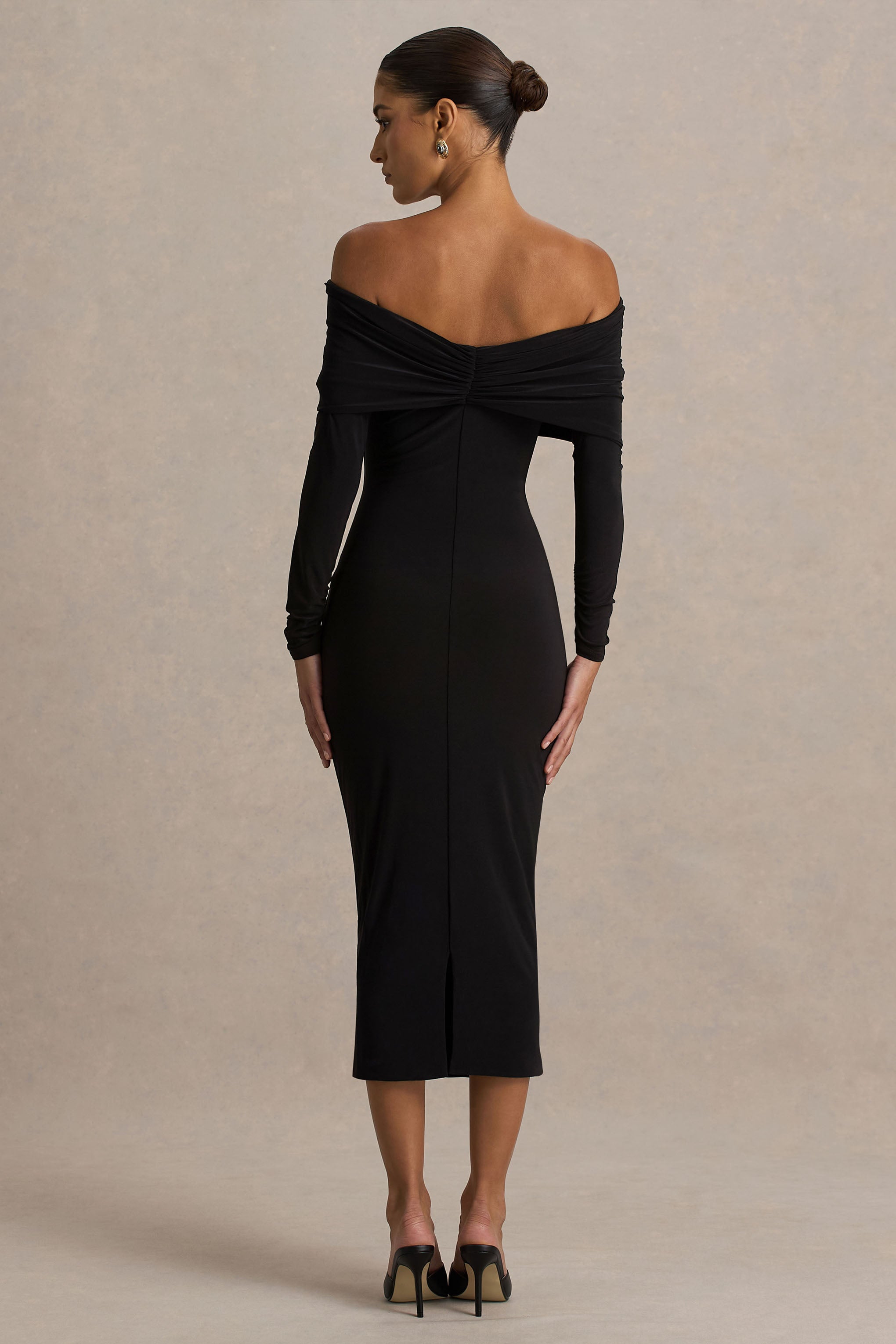 Spark | Black Bardot-Neck Midi Dress With Bow Detail-Sowoom