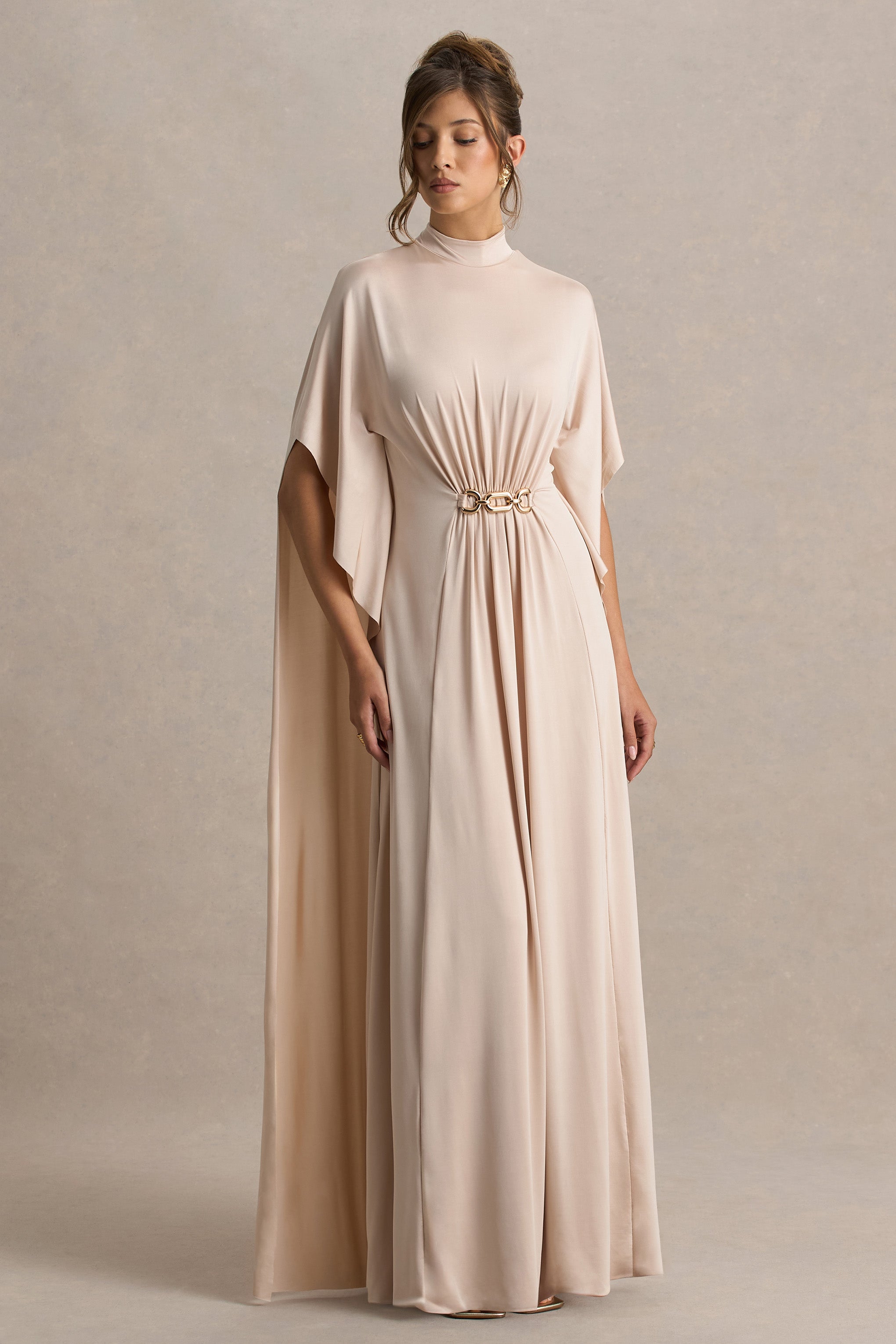 Olessia | Champagne Belted Gathered Cape-Sleeve Maxi Dress-Sowoom