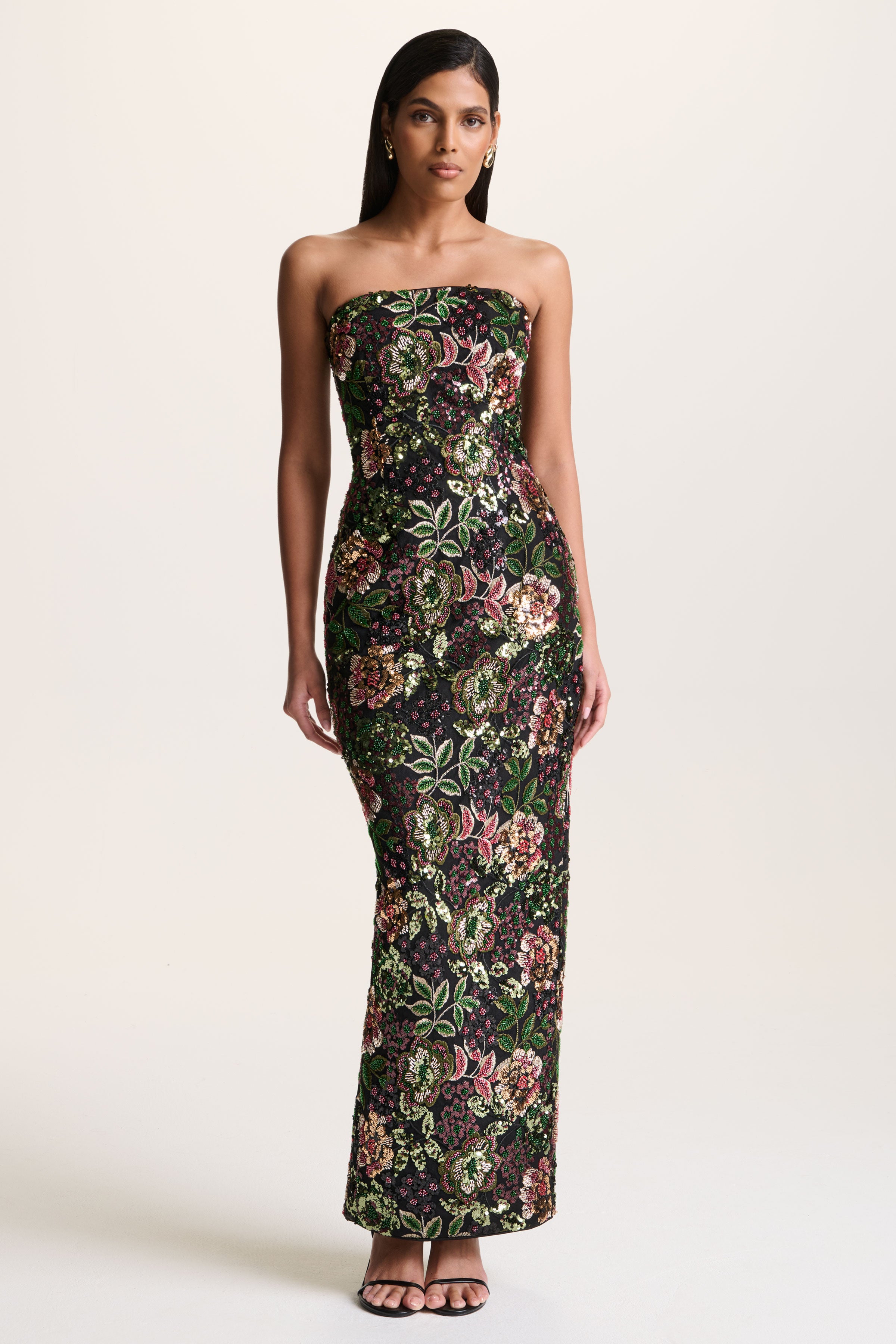 Cora | Winter Floral Embellished Mesh Bandeau Maxi Dress With Scarf-Sowoom