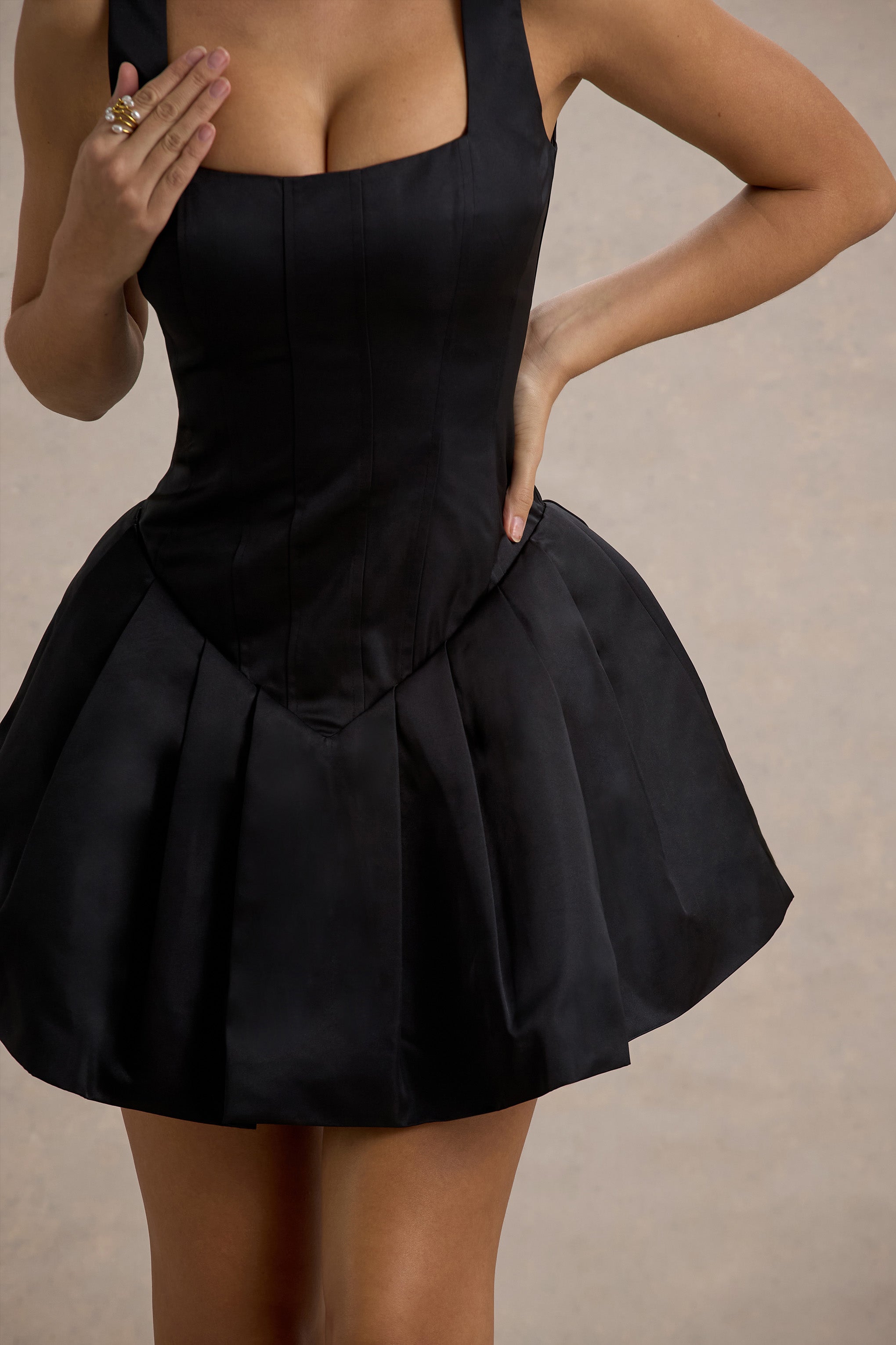 Bramble | Black Satin Square-Neck Puffball Mini Dress-Sowoom