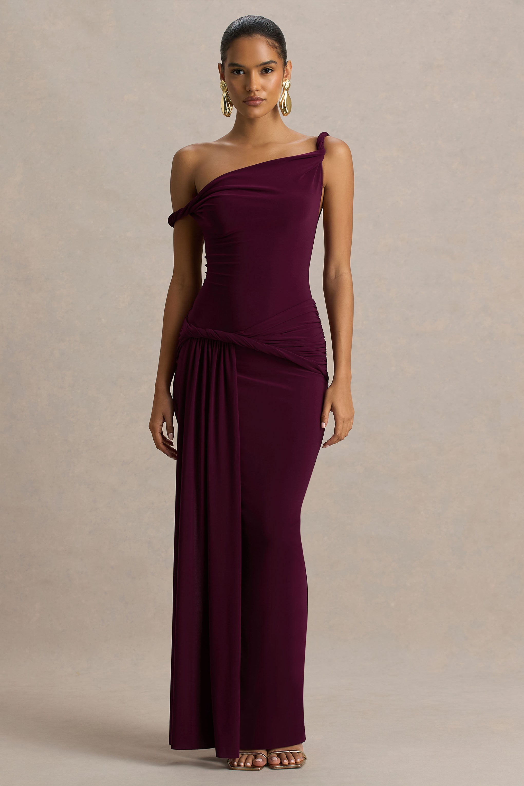 Tulisa | Burgundy Asymmetric-Neck Maxi Dress With Twist Sleeves And Ruched Detailing-Sowoom