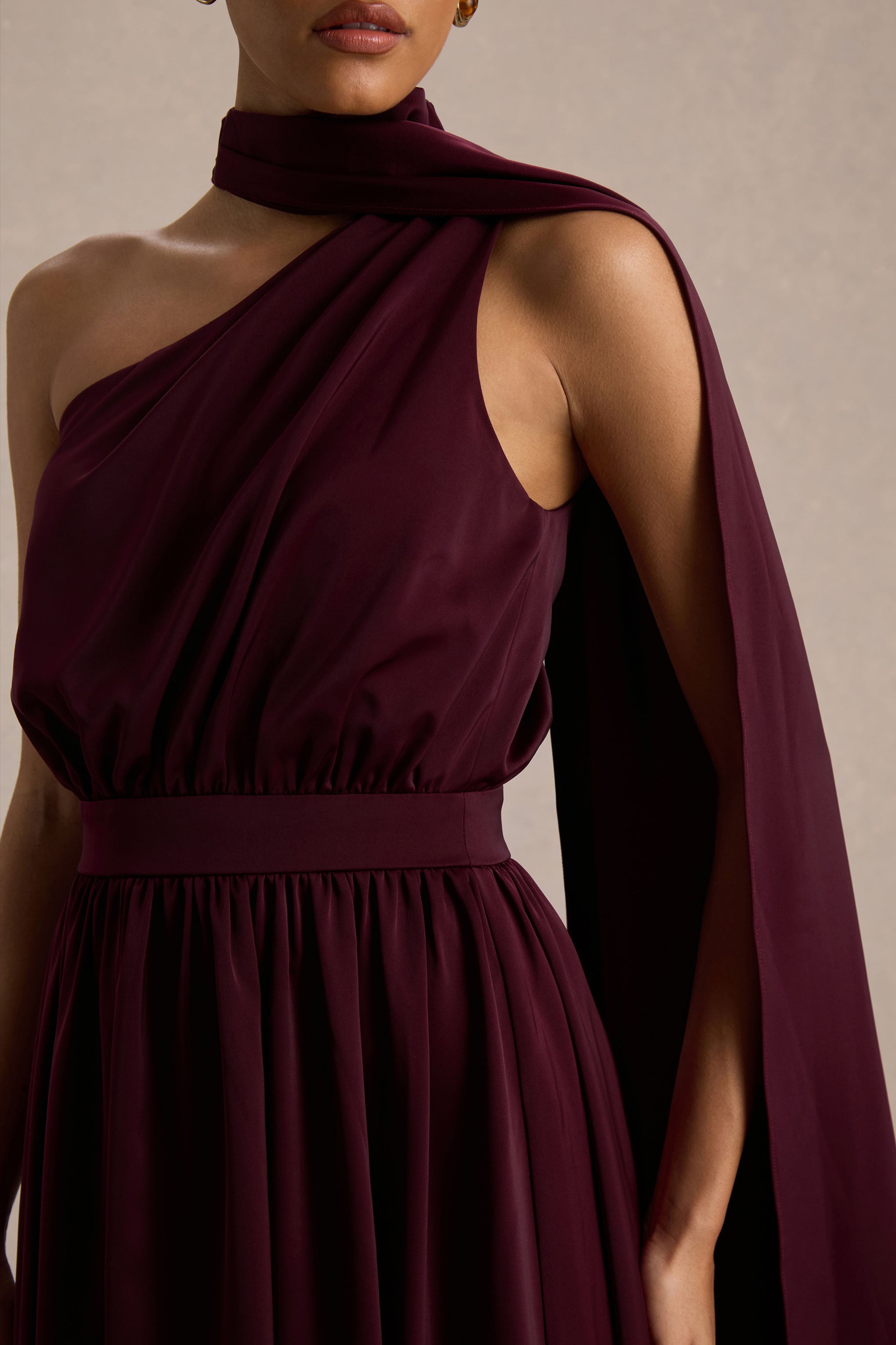 Caluna | Burgundy Satin Asymmetric-Neck Midi Dress With Scarf-Detail-Sowoom