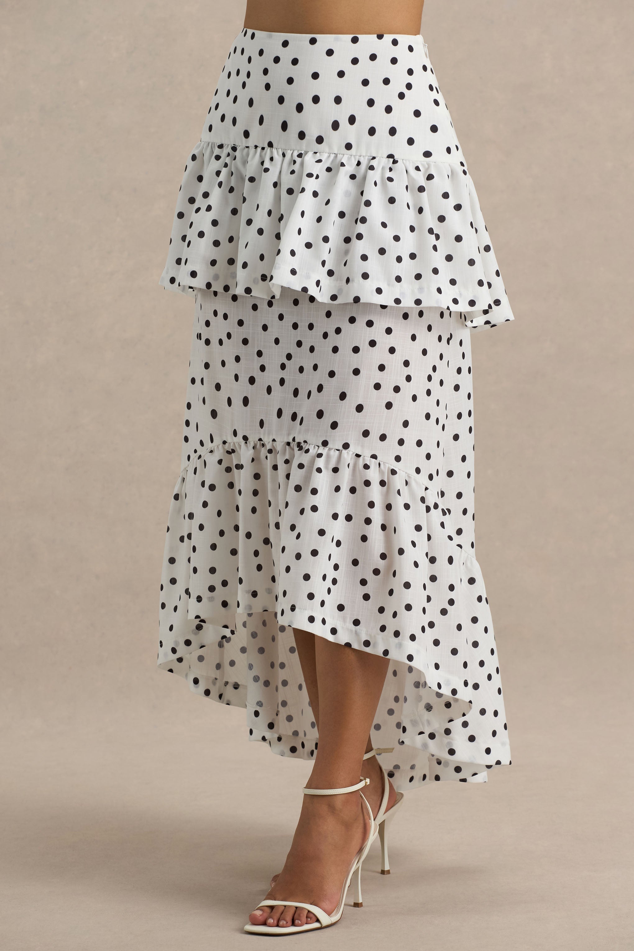 Emry | White Polka Dot High-Waist Maxi Skirt With Ruffle Detail-Sowoom