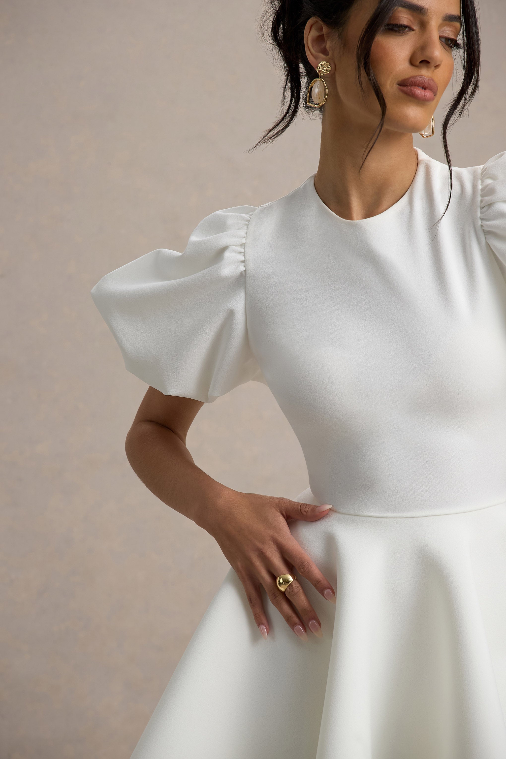 Emelia | White Puff-Sleeve Skater Mini Dress-Sowoom