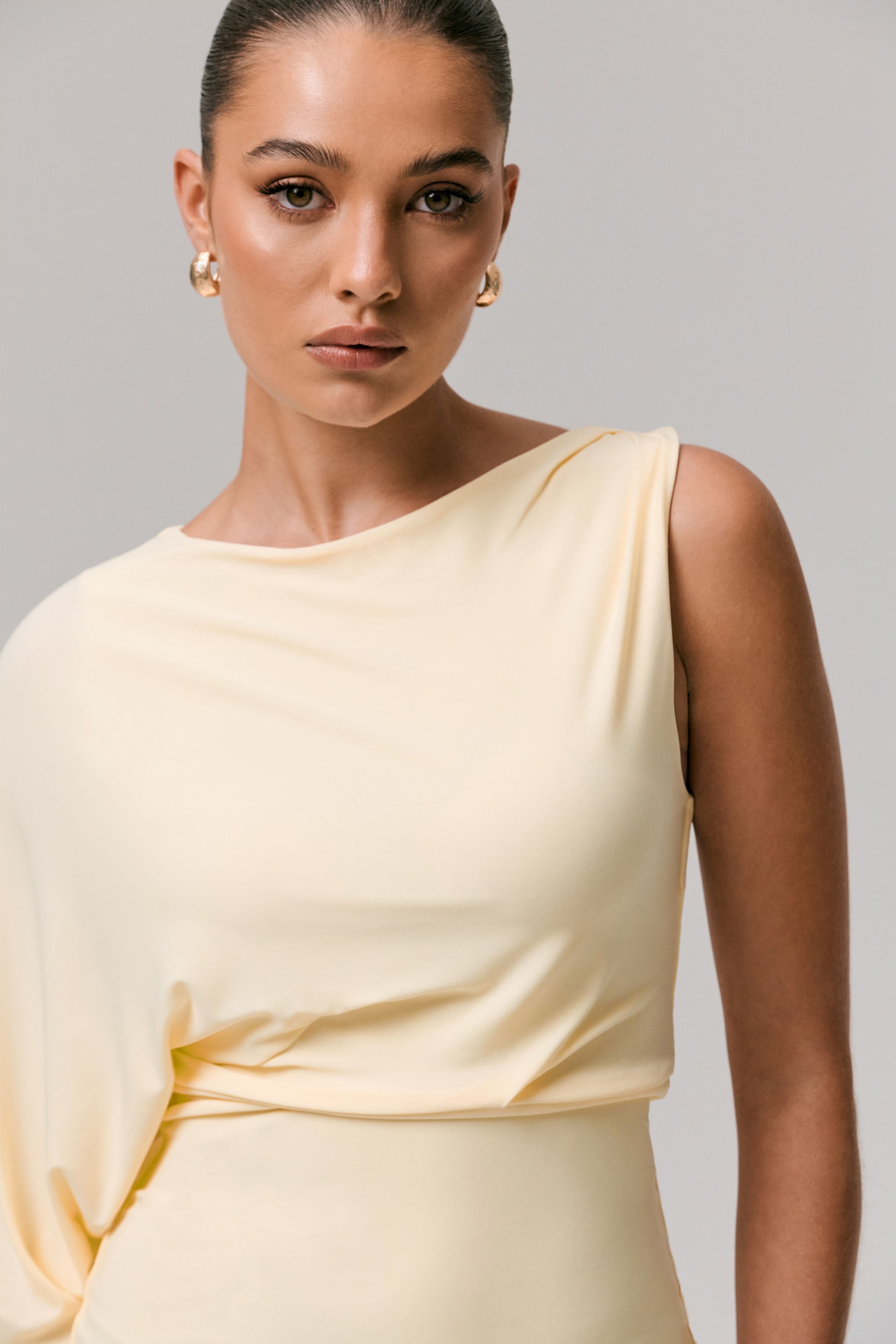 Delia | Pale Lemon One-Sleeve Mini Dress-Sowoom