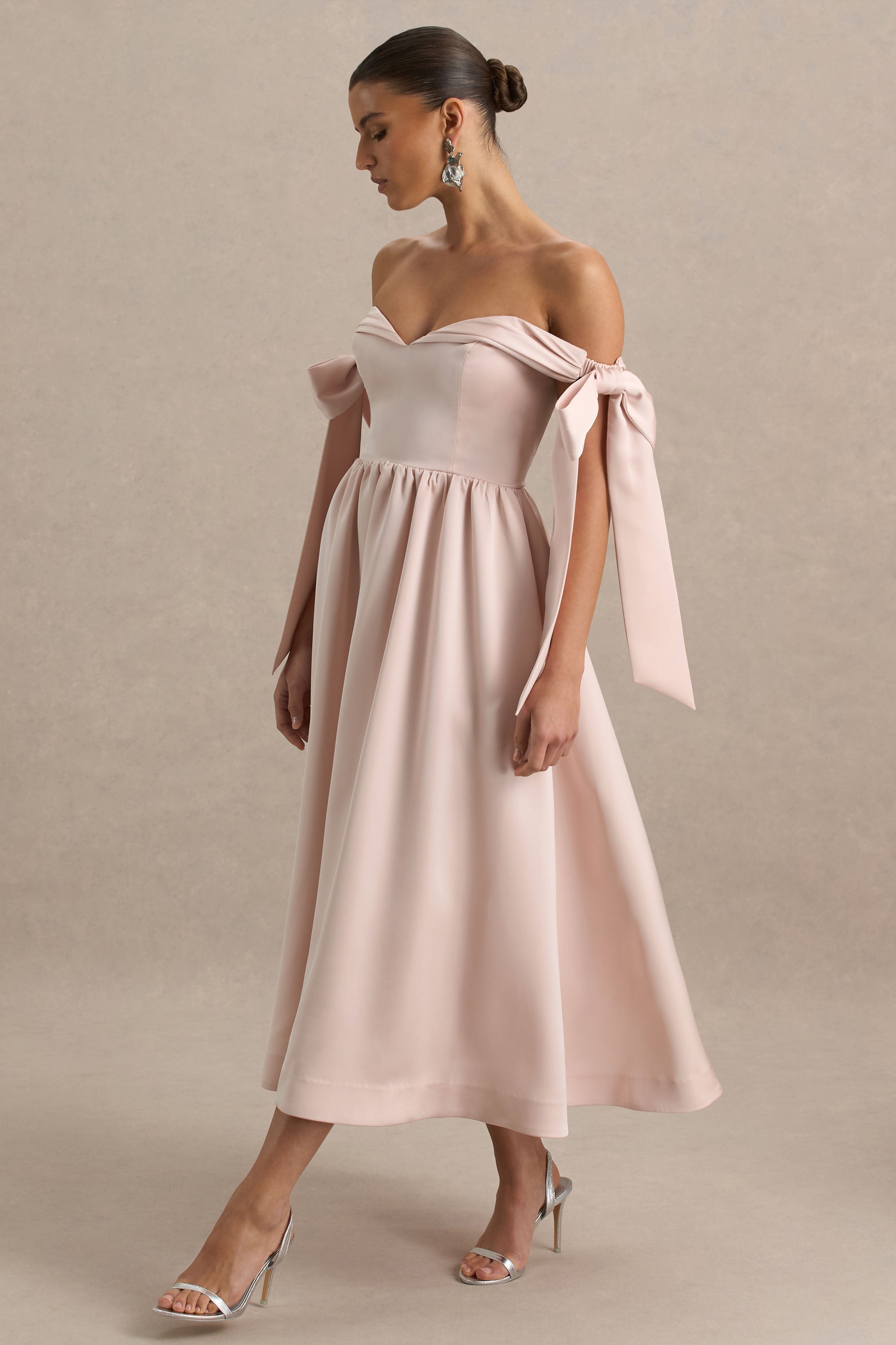 Agafay | Rose Pink Satin Short-Sleeve Bardot Wrap Midi Dress With Bow Detail-Sowoom
