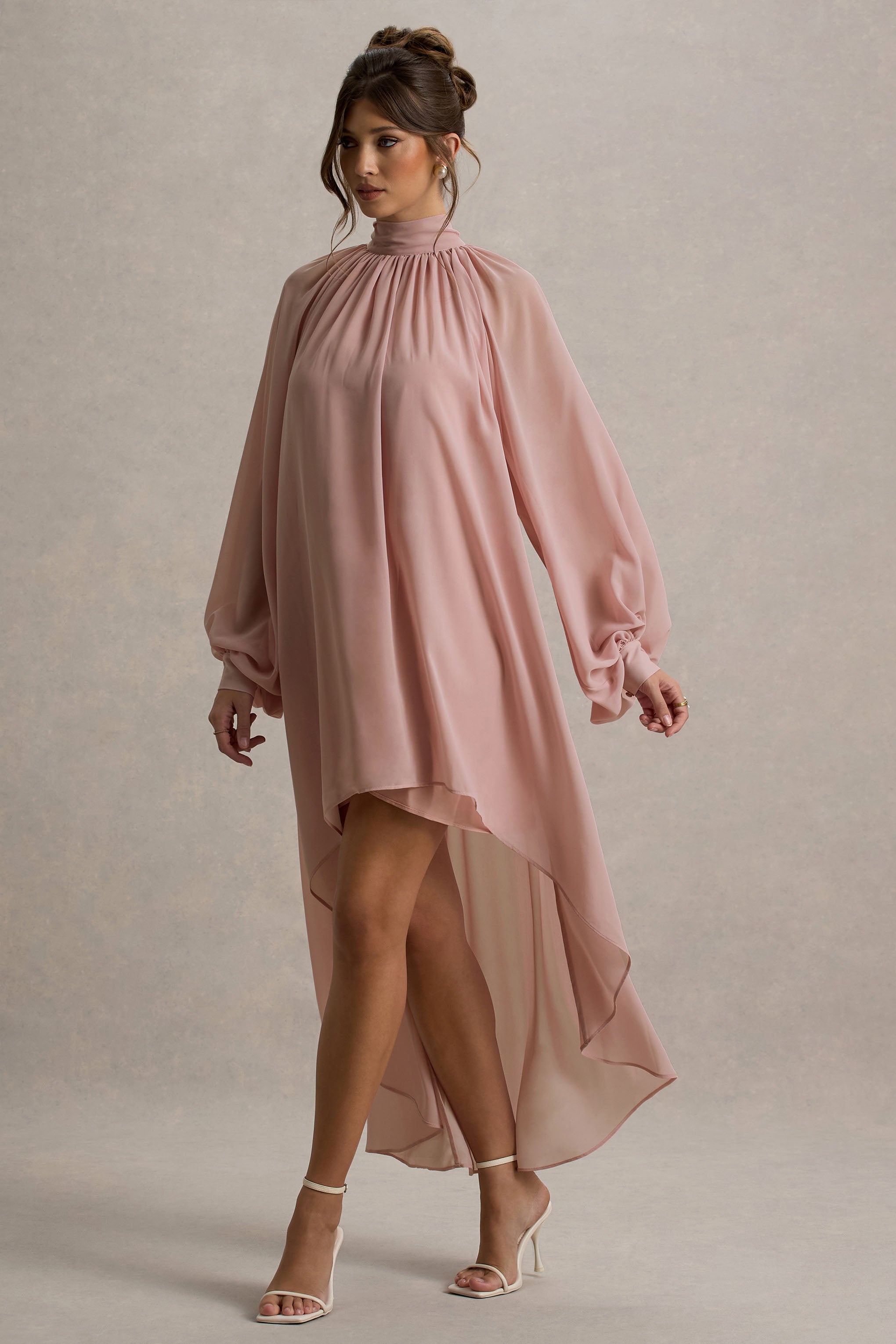 Delphia | Pale Pink High-Neck Maxi Dress With High-Low Hem-Sowoom