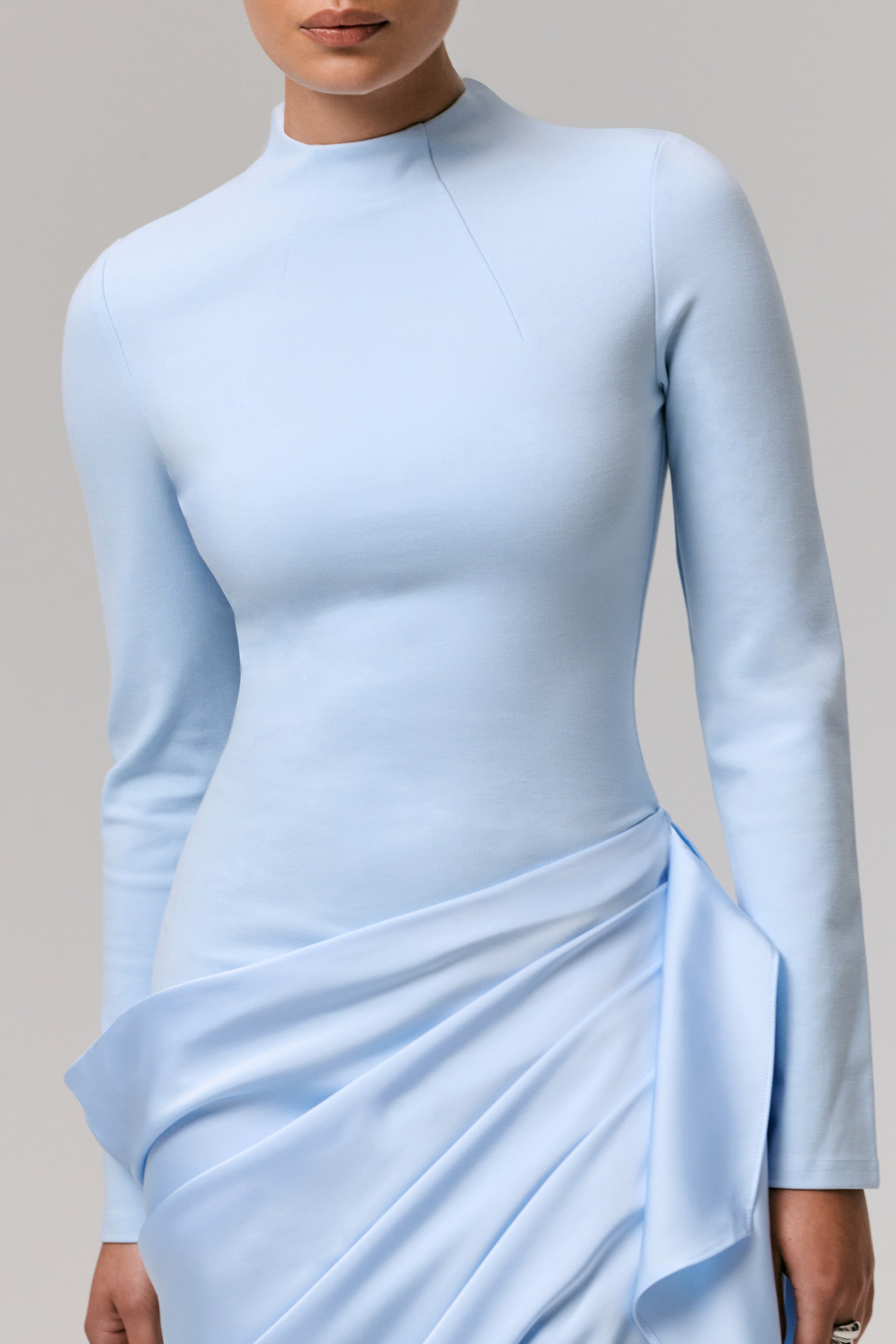 Raffie | Powder Blue Long-Sleeve Midi Dress With Satin Wrap Skirt-Sowoom