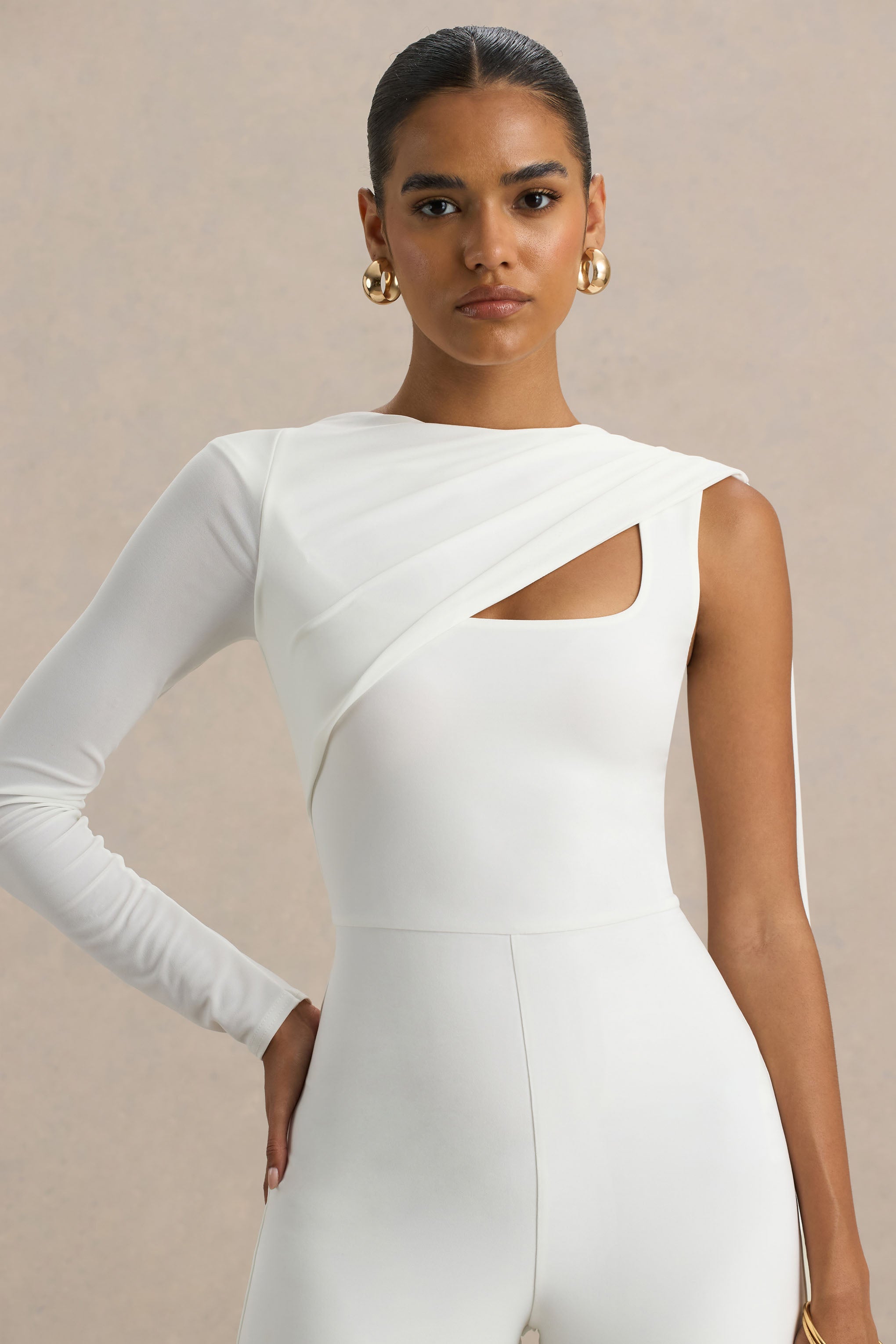 Graces | White High-Neck Jumpsuit With Cape Sleeve-Sowoom