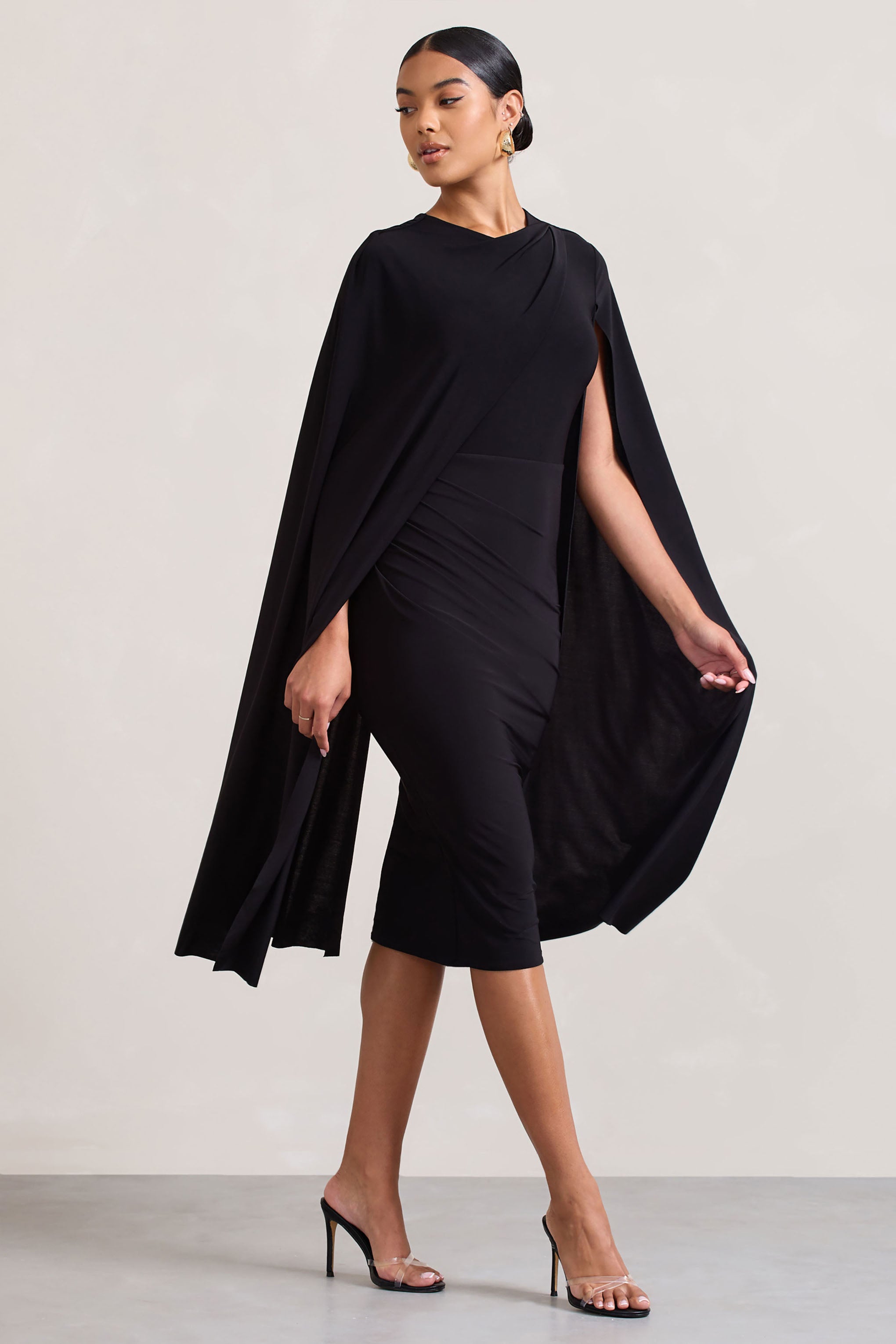 Marysol | Black Asymmetric Cape Midi Dress-Sowoom