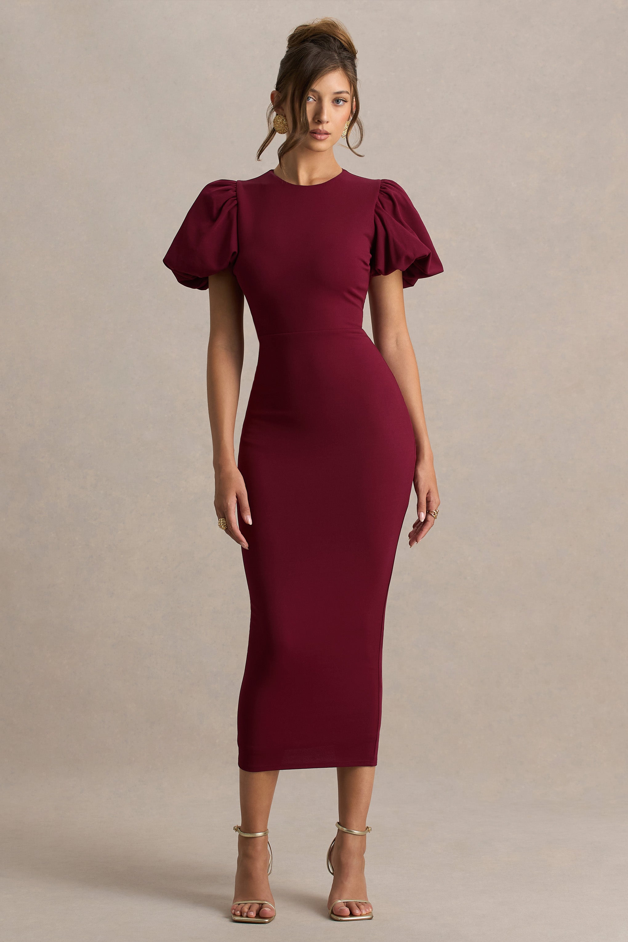 Dakota | Burgundy Puff-Sleeve Midi Dress-Sowoom