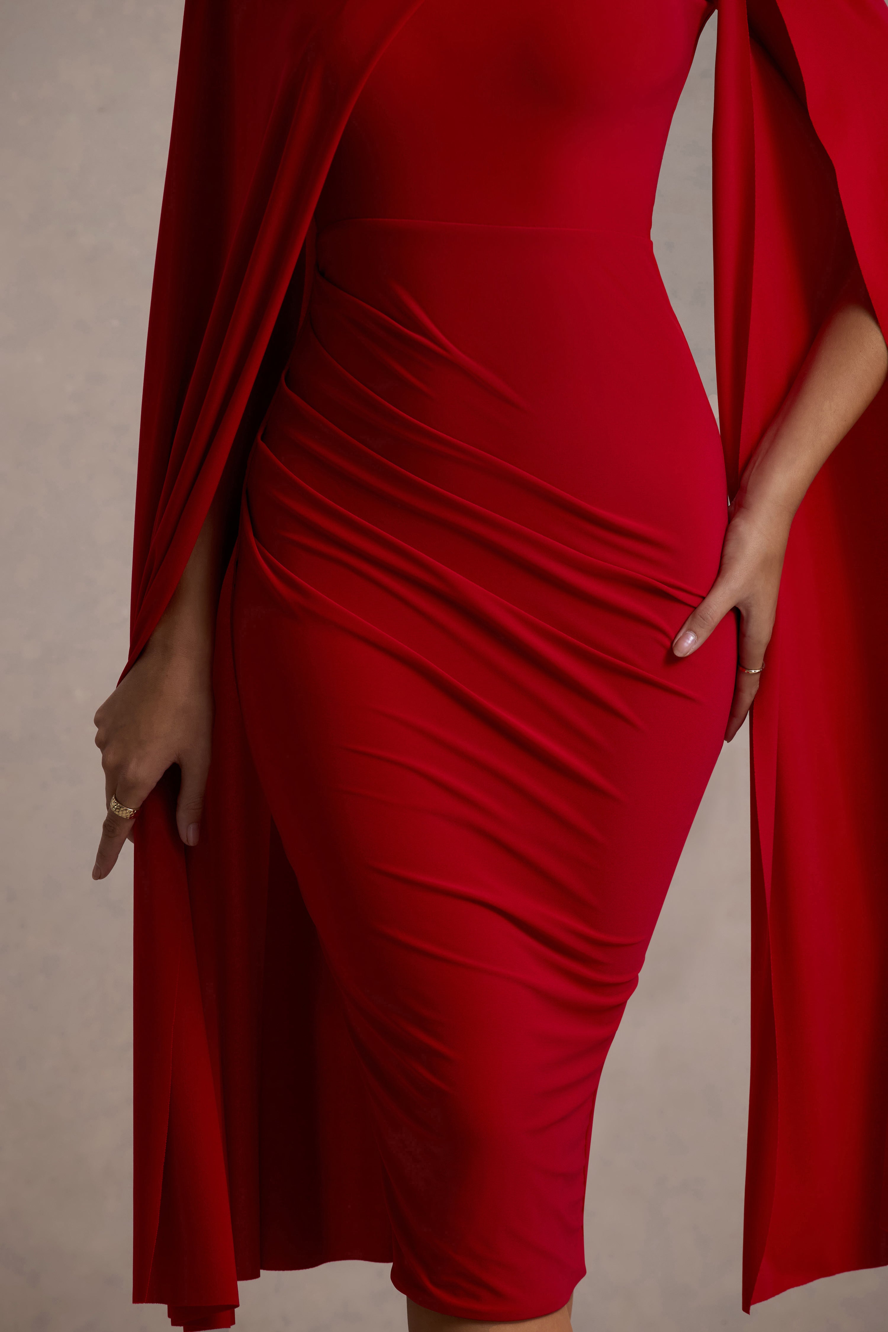 Marysol | Red Asymmetric Cape Midi Dress-Sowoom
