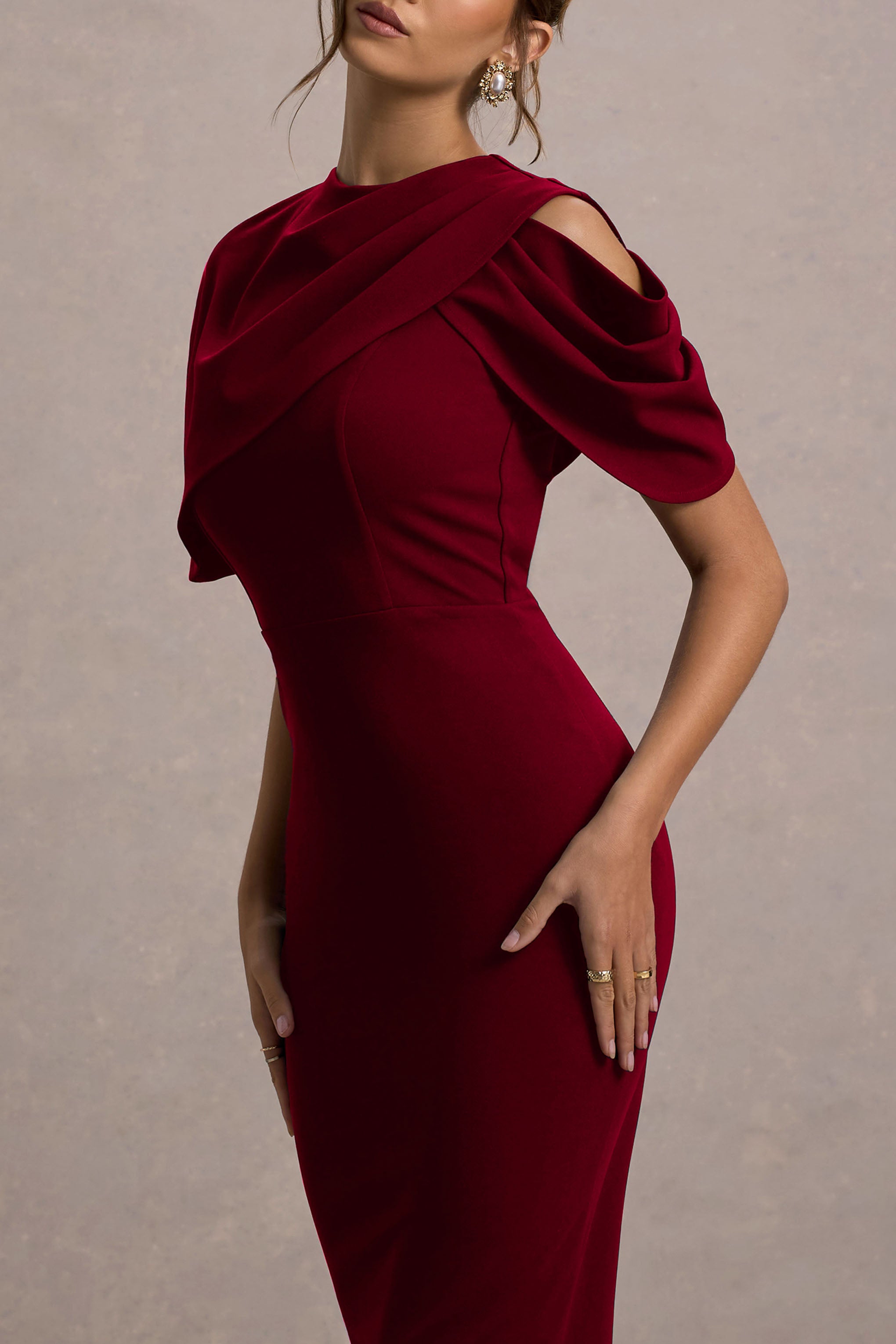 Dorothea | Berry Draped Midi Dress With Cape-Sowoom