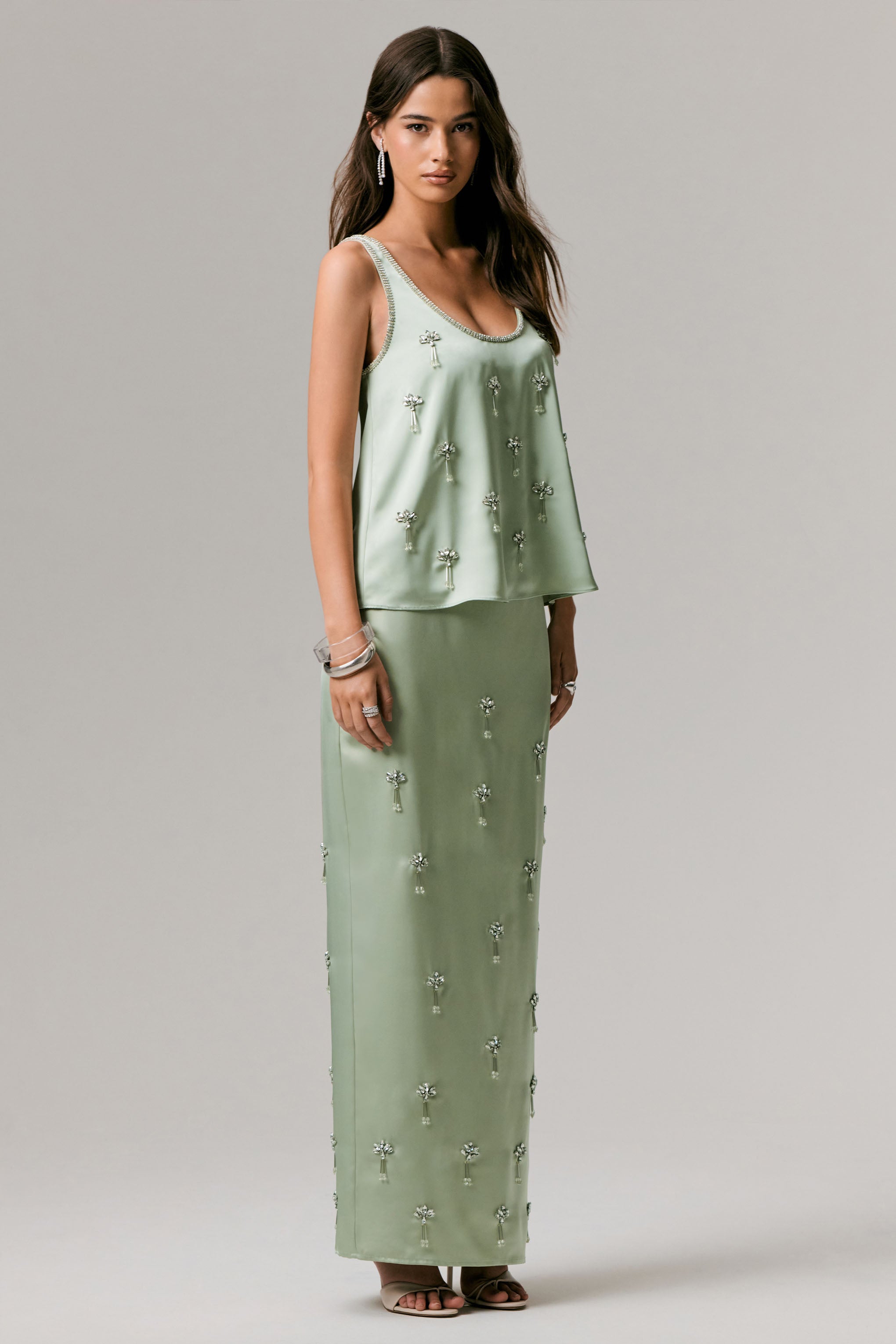 Lena | Mint Satin Embellished Maxi Skirt-Sowoom