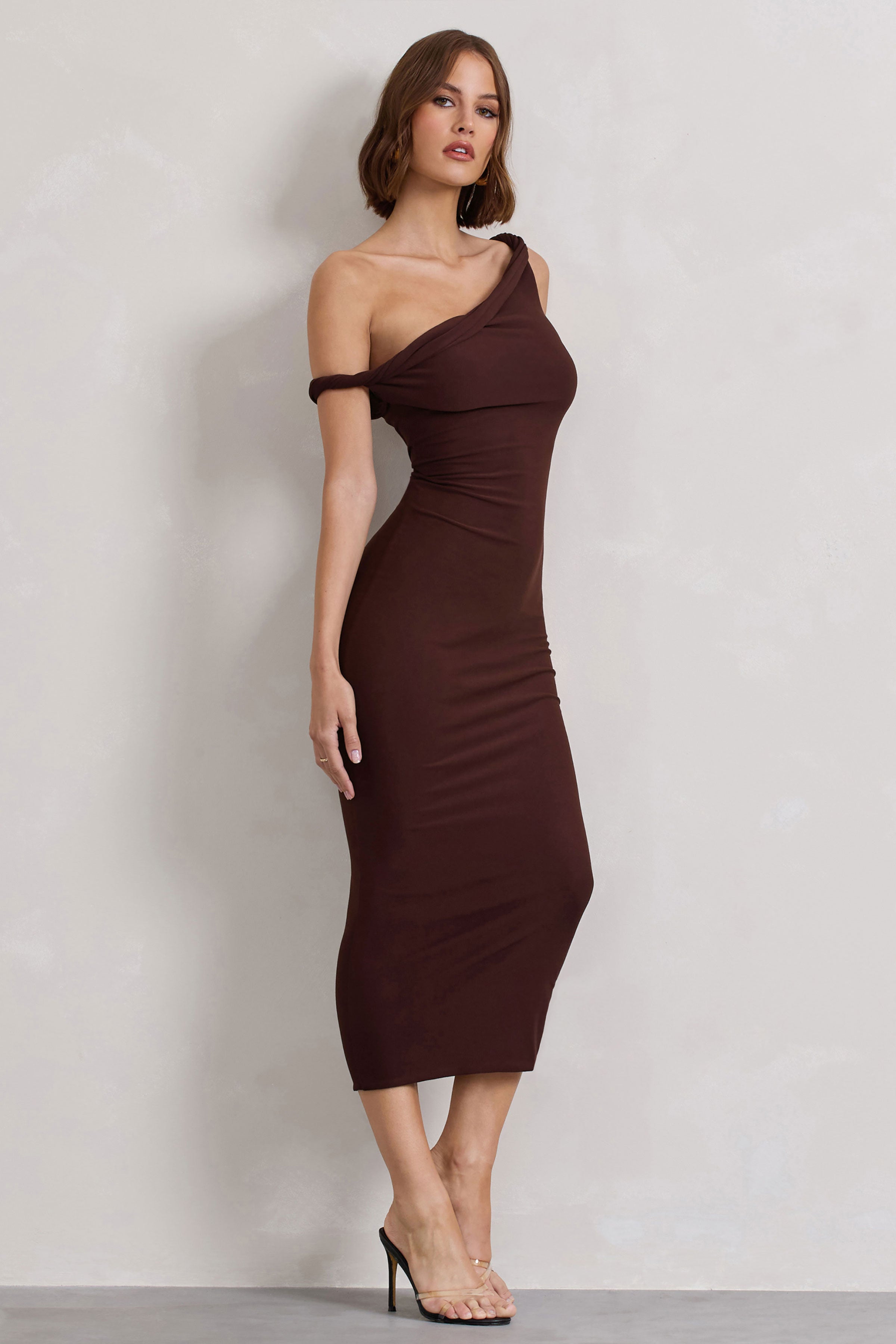 Salome | Chocolate Brown Twisted Asymmetric Midi Dress-Sowoom