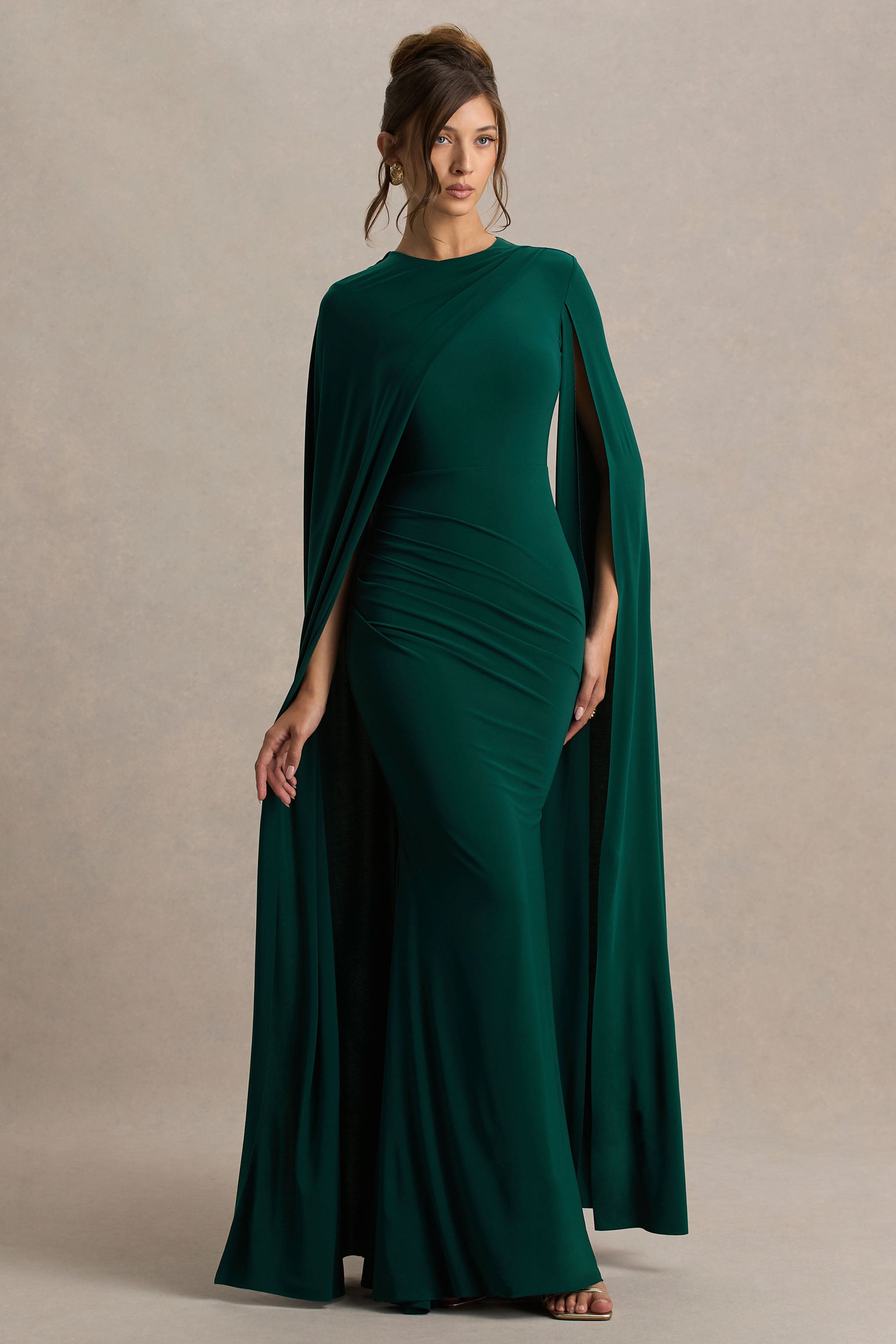 Magdelena | Bottle Green Asymmetric Cape Maxi Dress-Sowoom