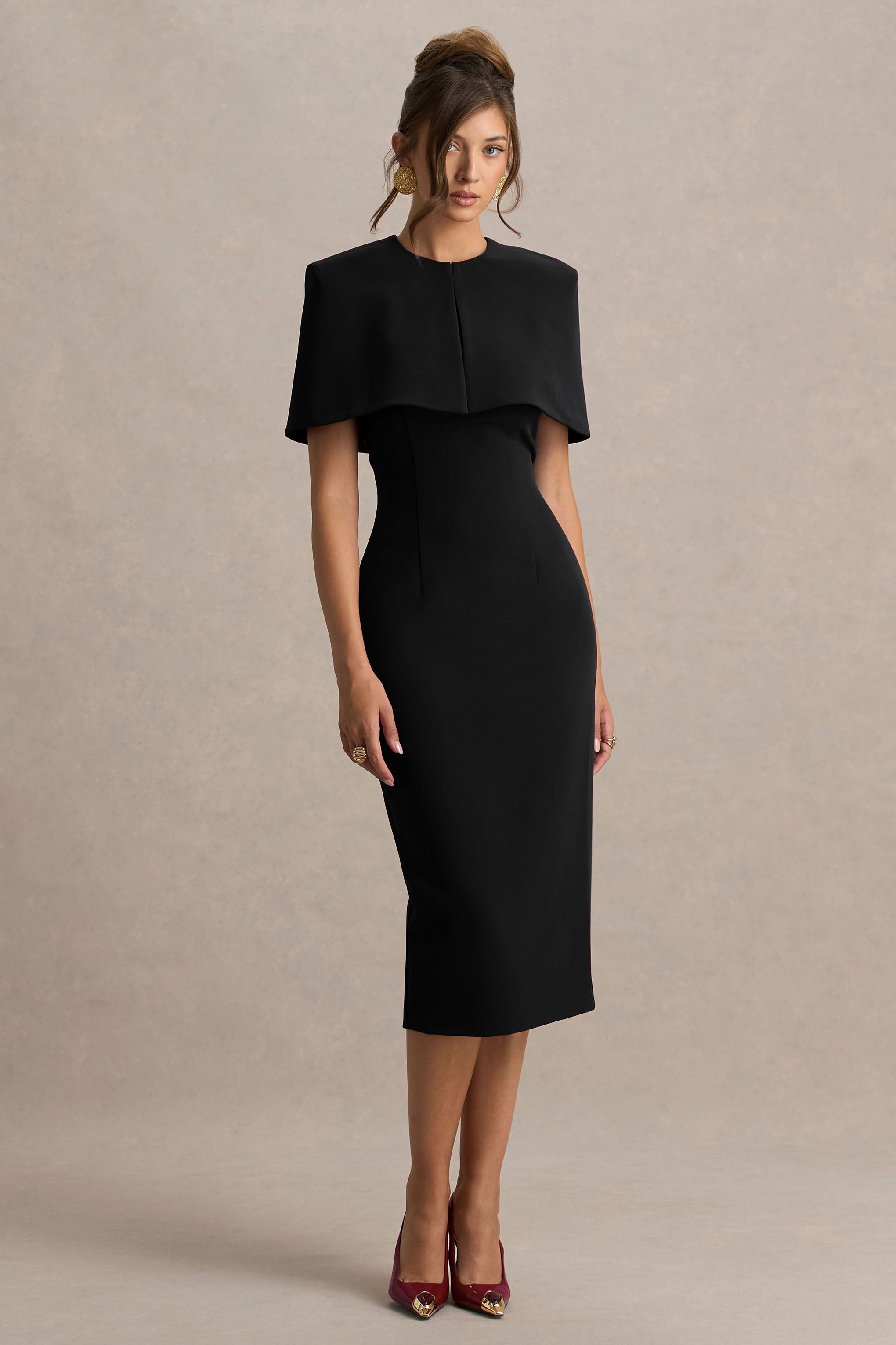 Baylor | Black Midi-Dress With Removable Cape-Detail-Sowoom