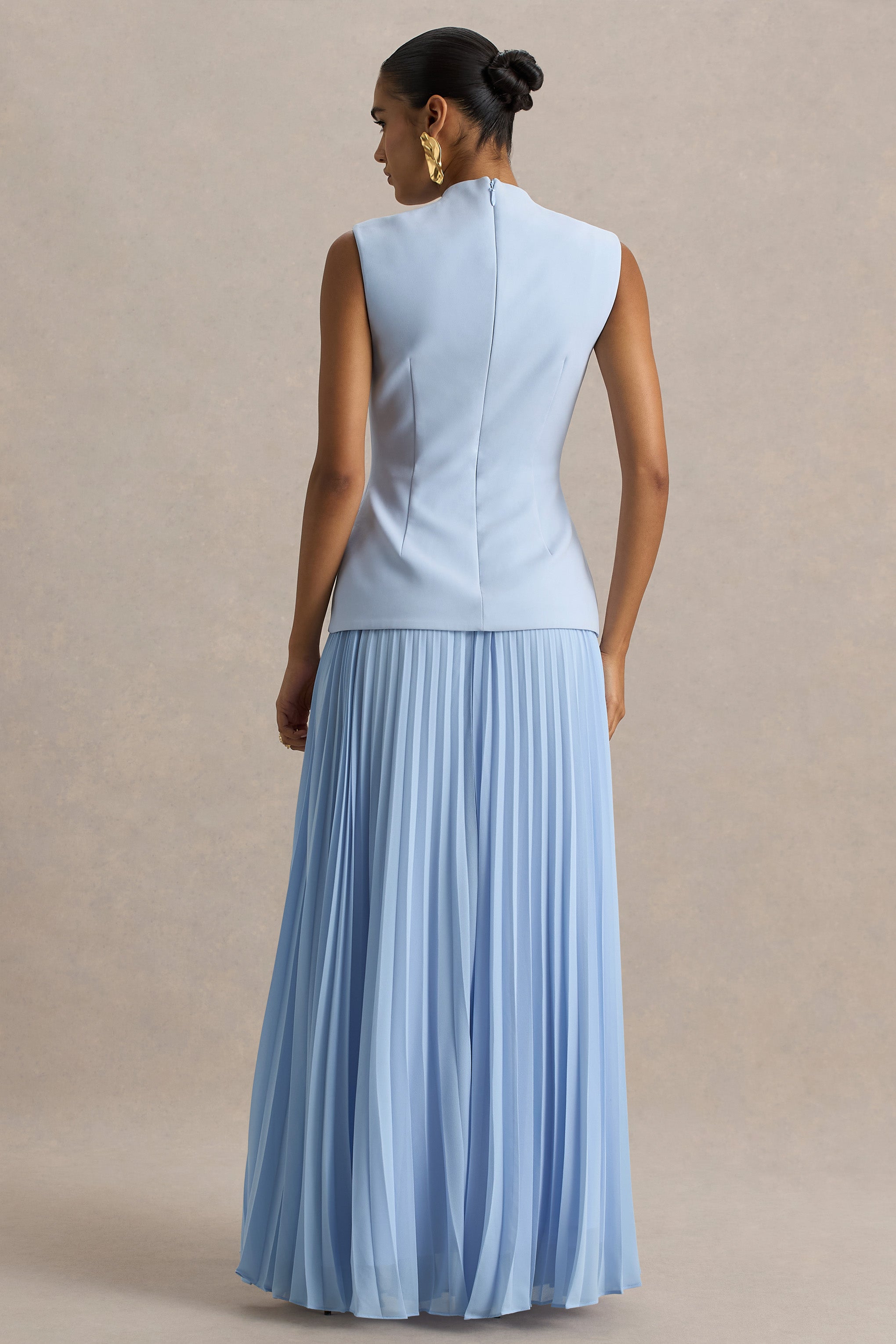 Heavenly | Powder Blue High Neck Maxi Dress With Pleated Detailing-Sowoom
