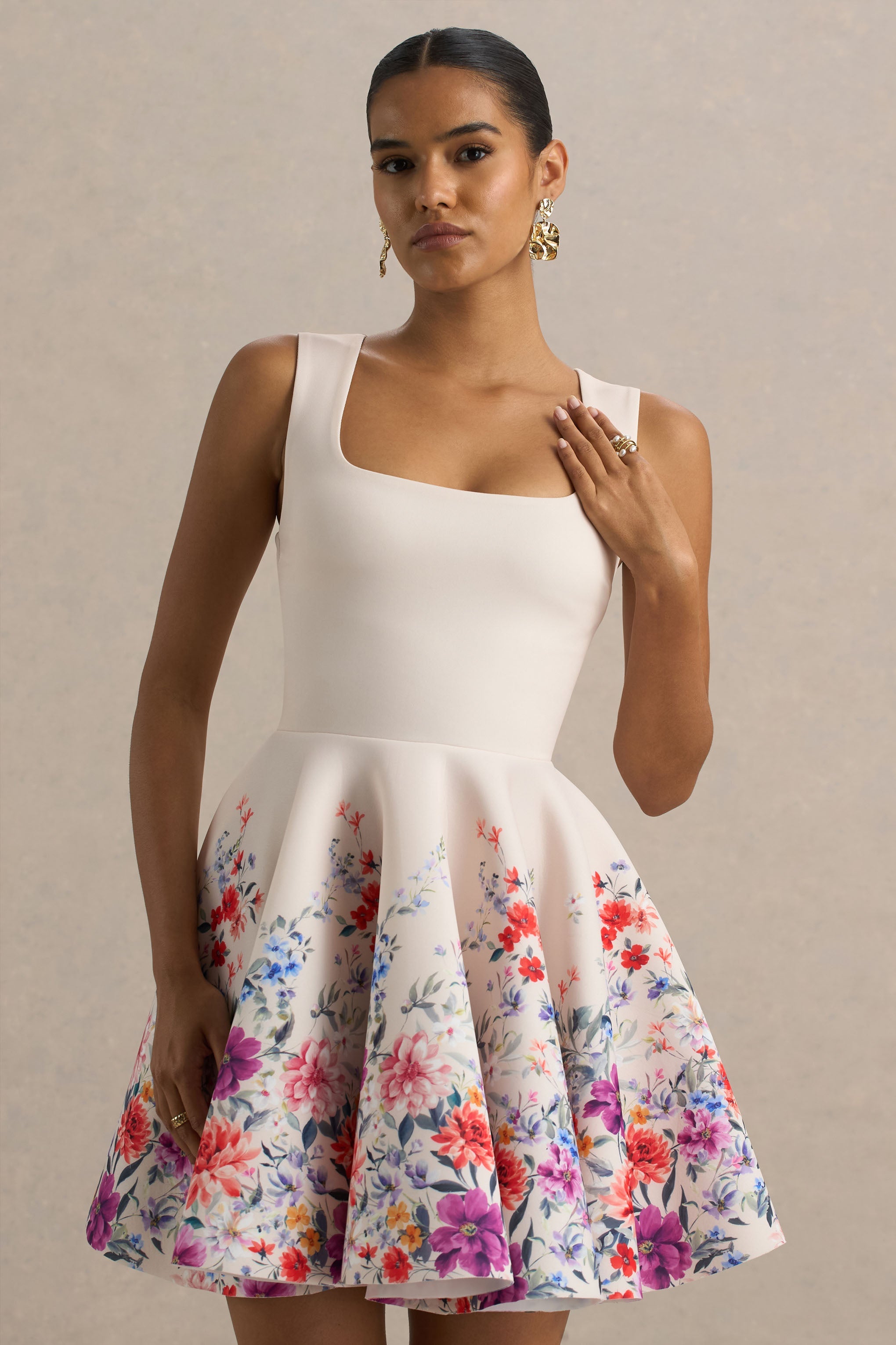 Gemstone | Light Pink Floral Print Square-Neck Skater Mini Dress-Sowoom