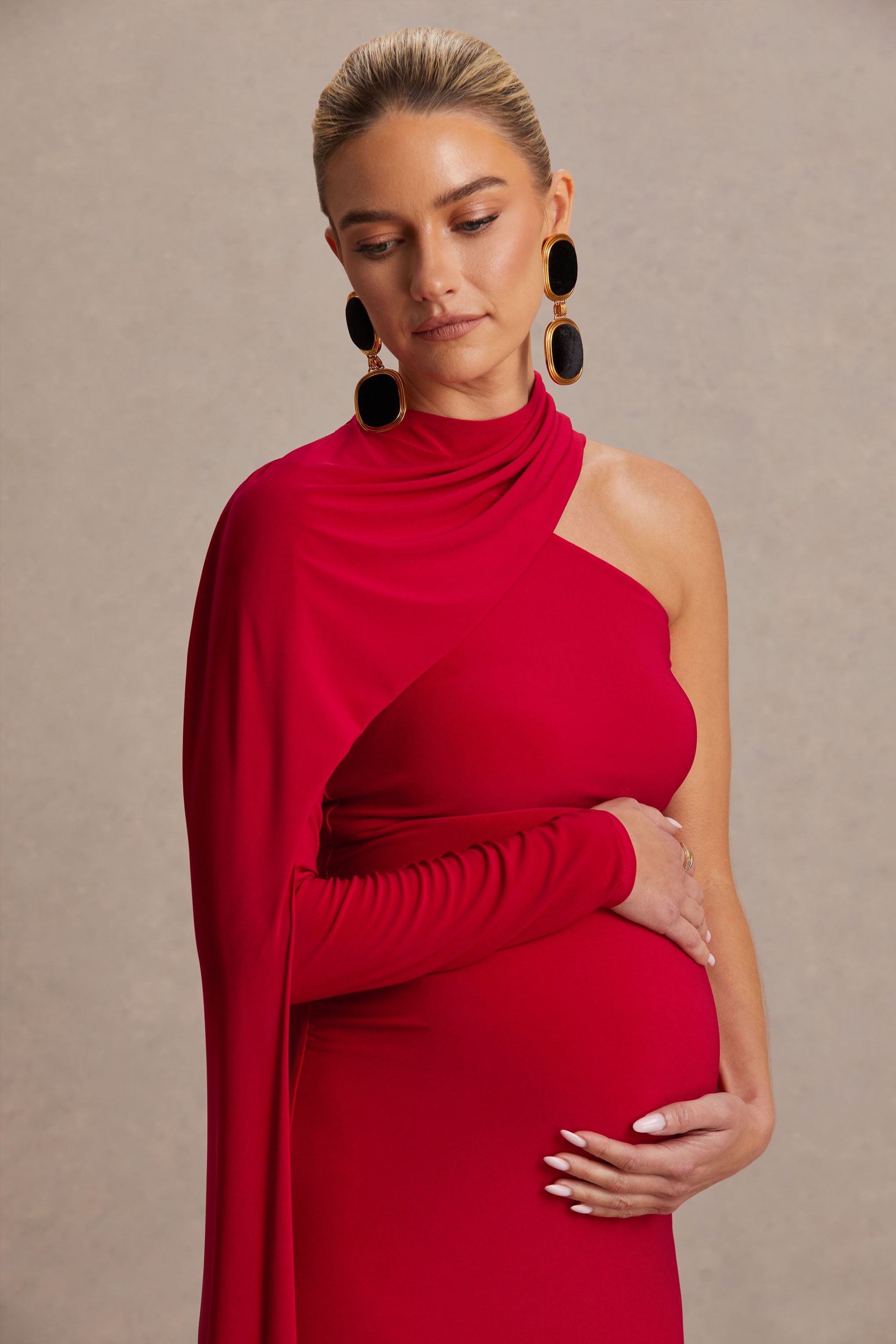 Tessy | Red Asymmetric-Neck Maternity Maxi Dress With Cape-Sleeve-Sowoom