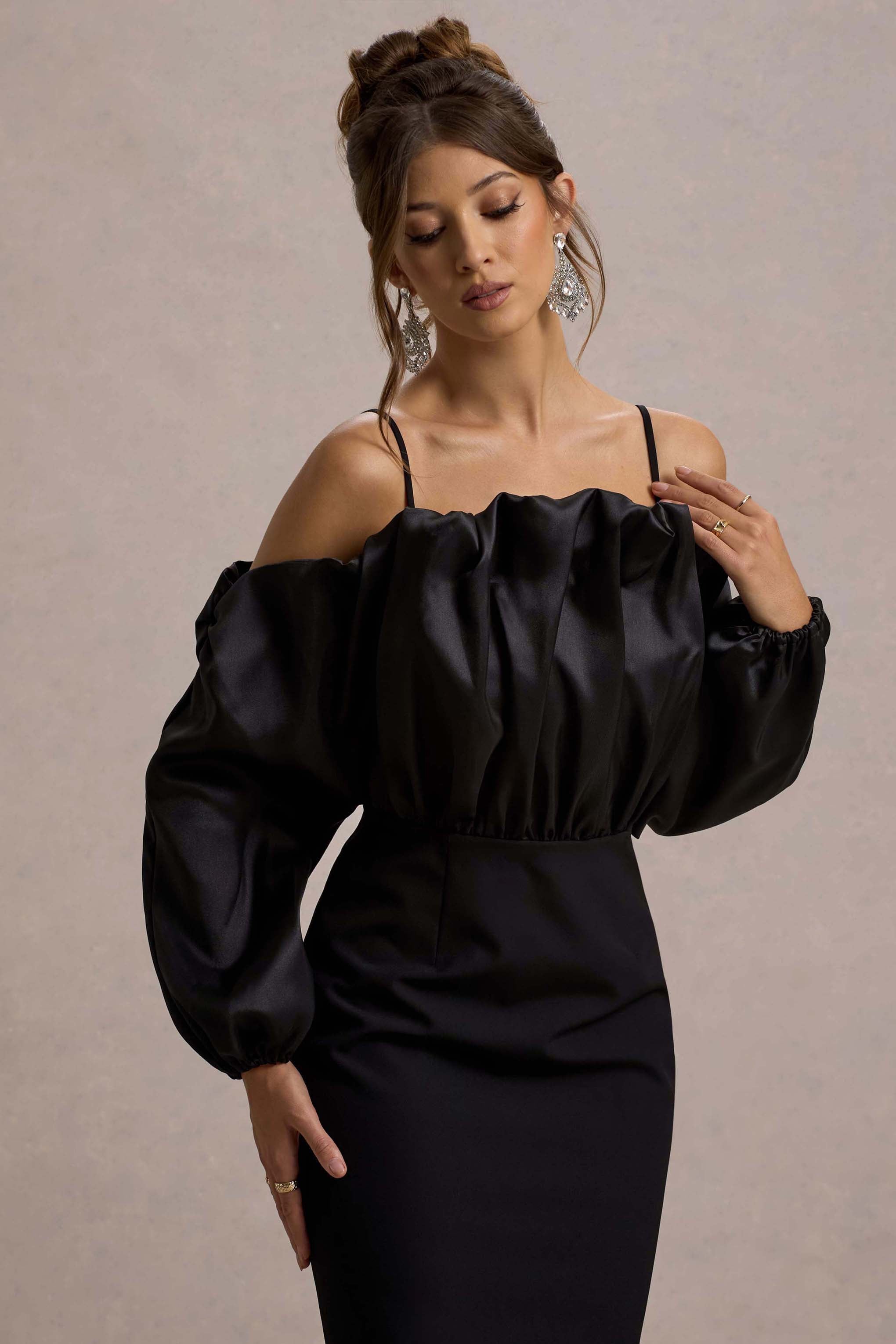 Cyrene | Black Ruffled Maxi Dress-Sowoom