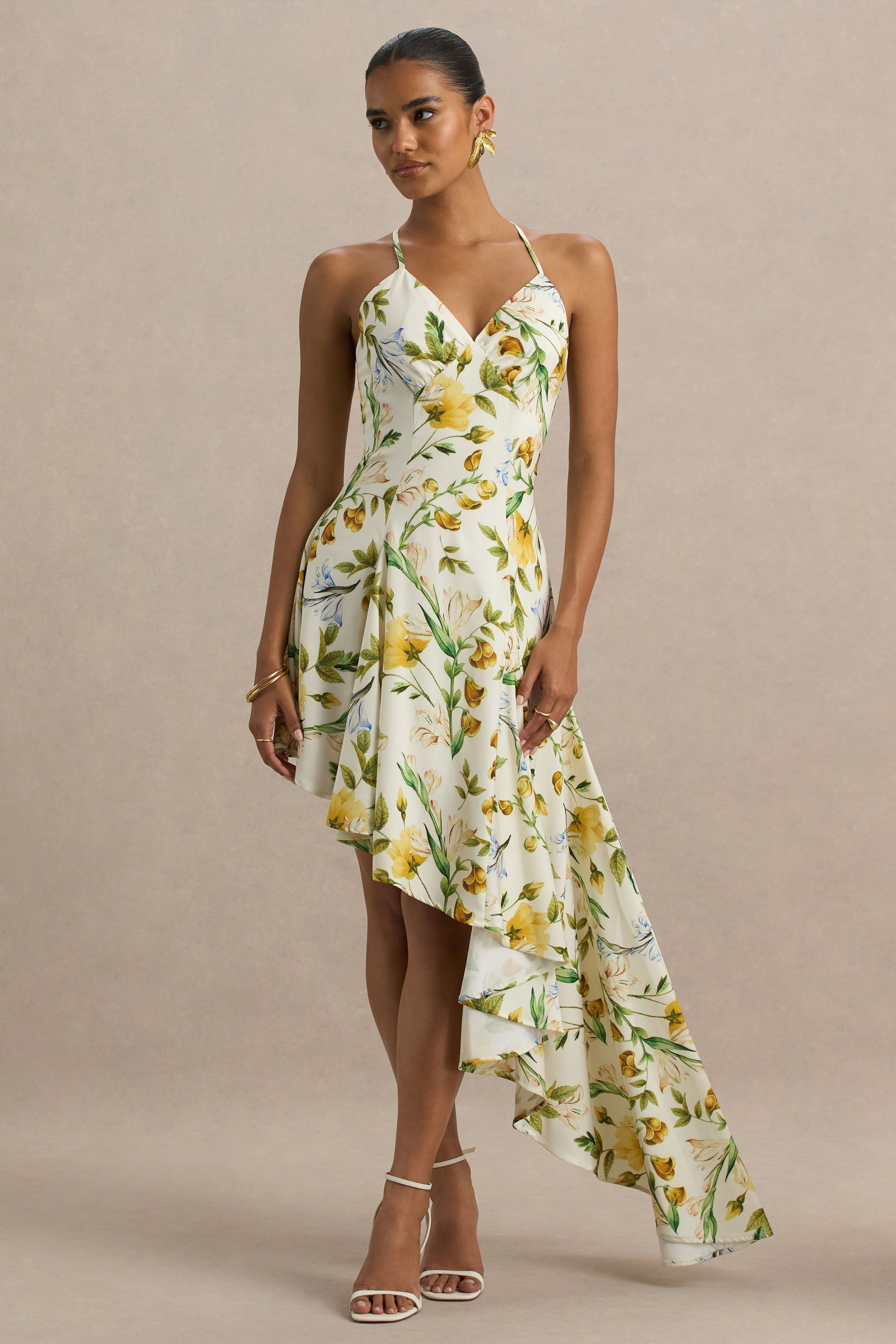 Glint | White Botanical Print Satin Plunge-Neck Maxi Dress With Asymmetric Hem-Sowoom