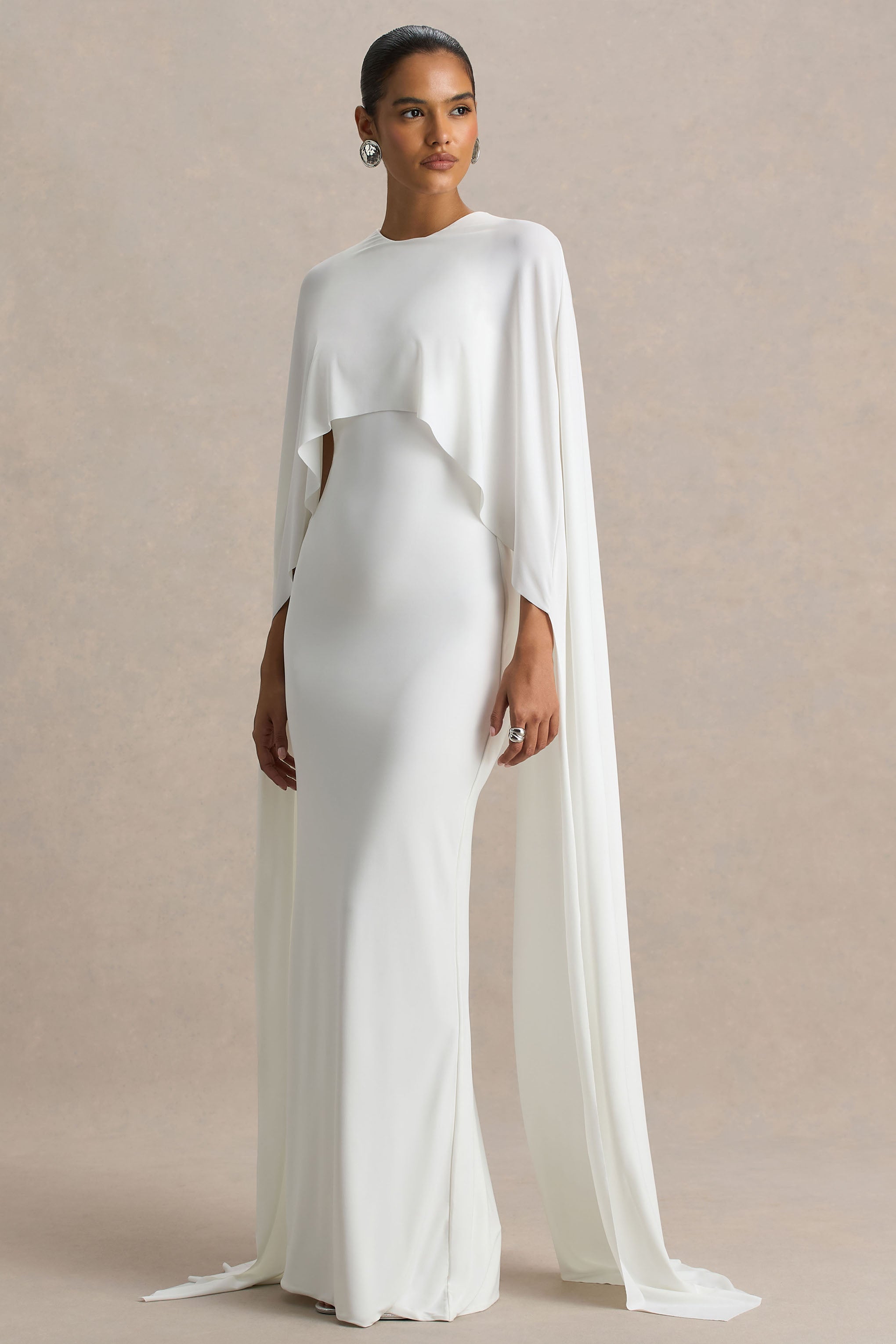 Padma | White Draped Maxi Dress With Cape Sleeves-Sowoom