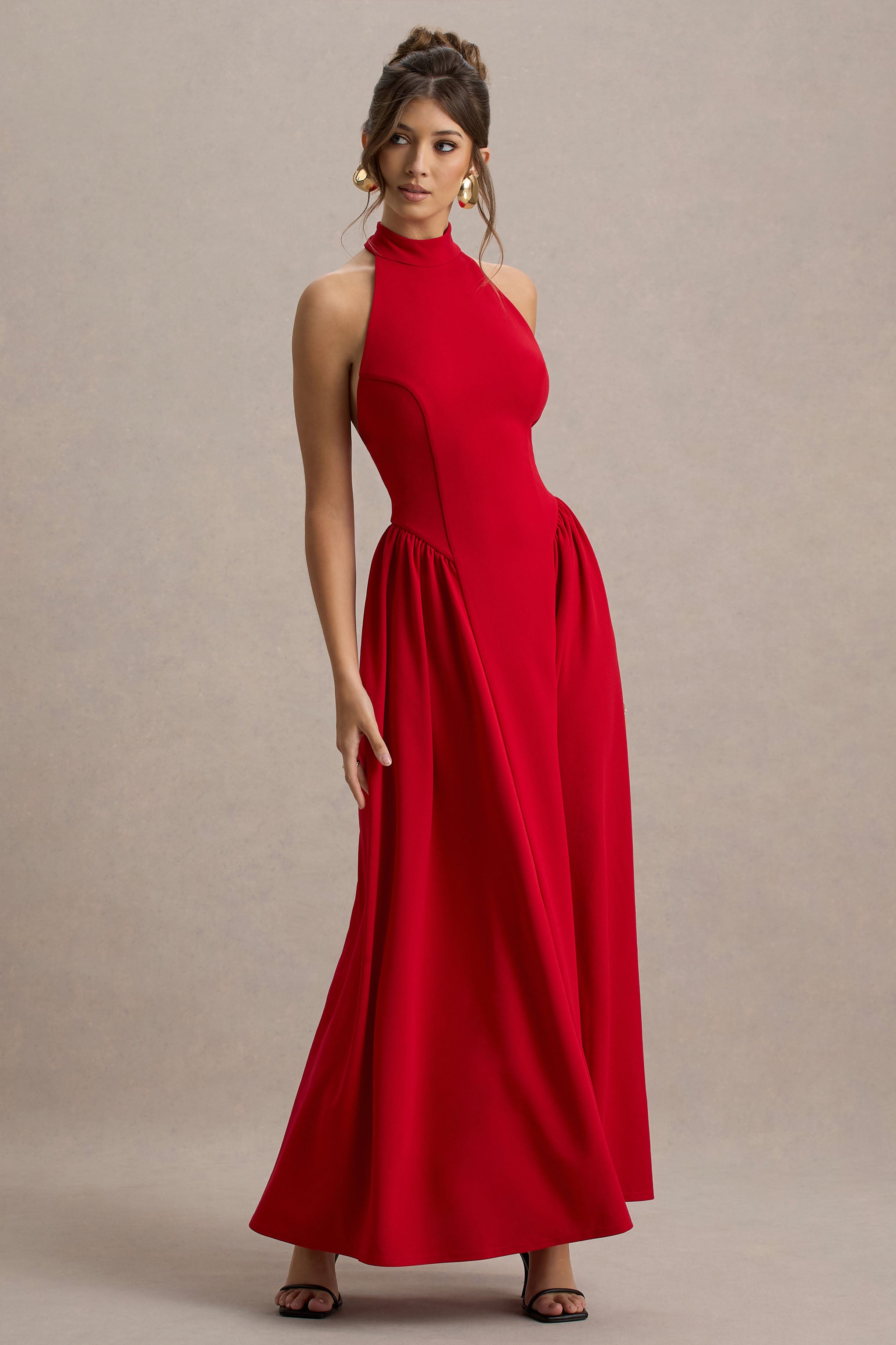 Cynthia | Red High-Neck Maxi Dress With Volume Skirt-Sowoom