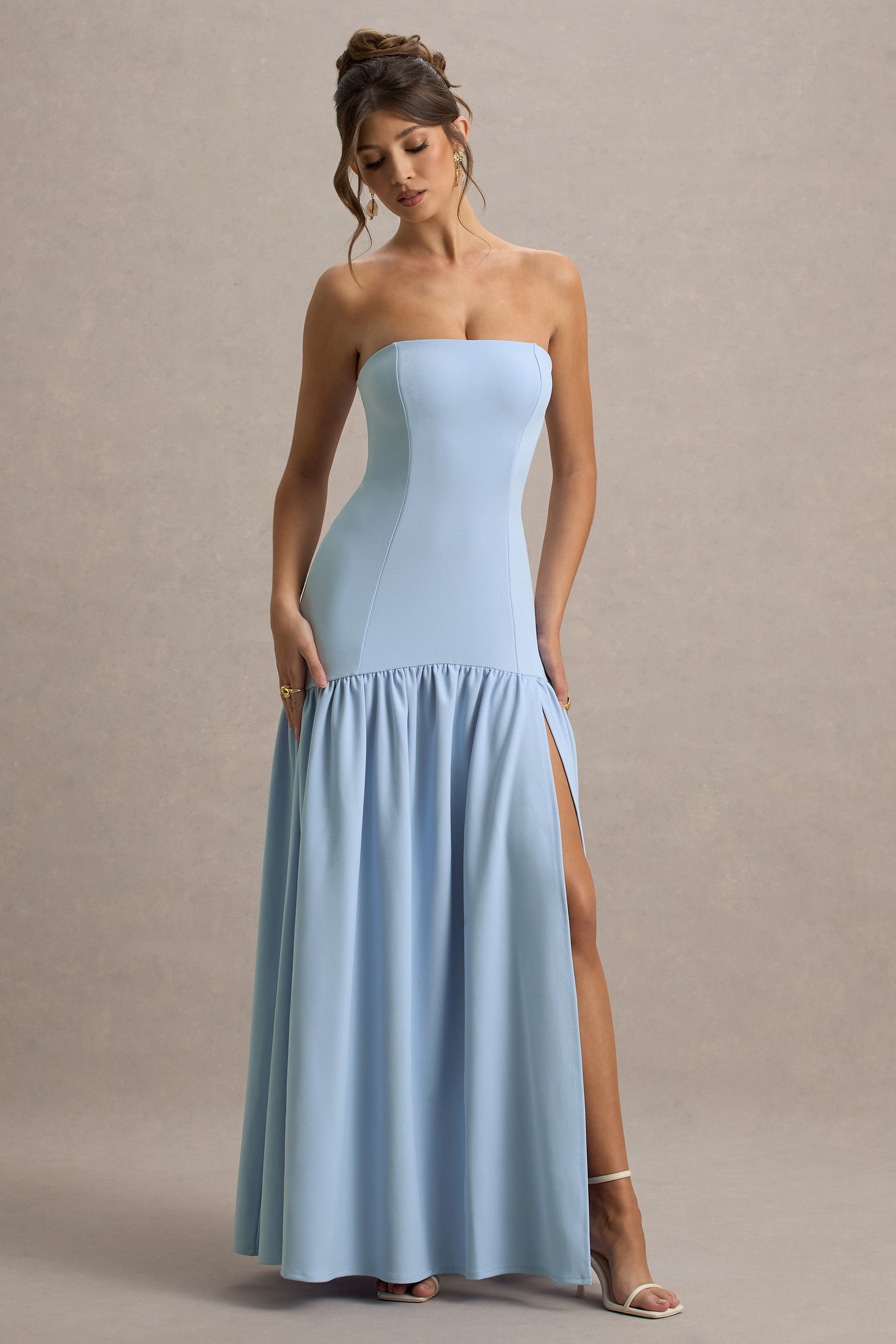 Penny | Powder Blue Bandeau Drop-Waist Maxi Dress-Sowoom