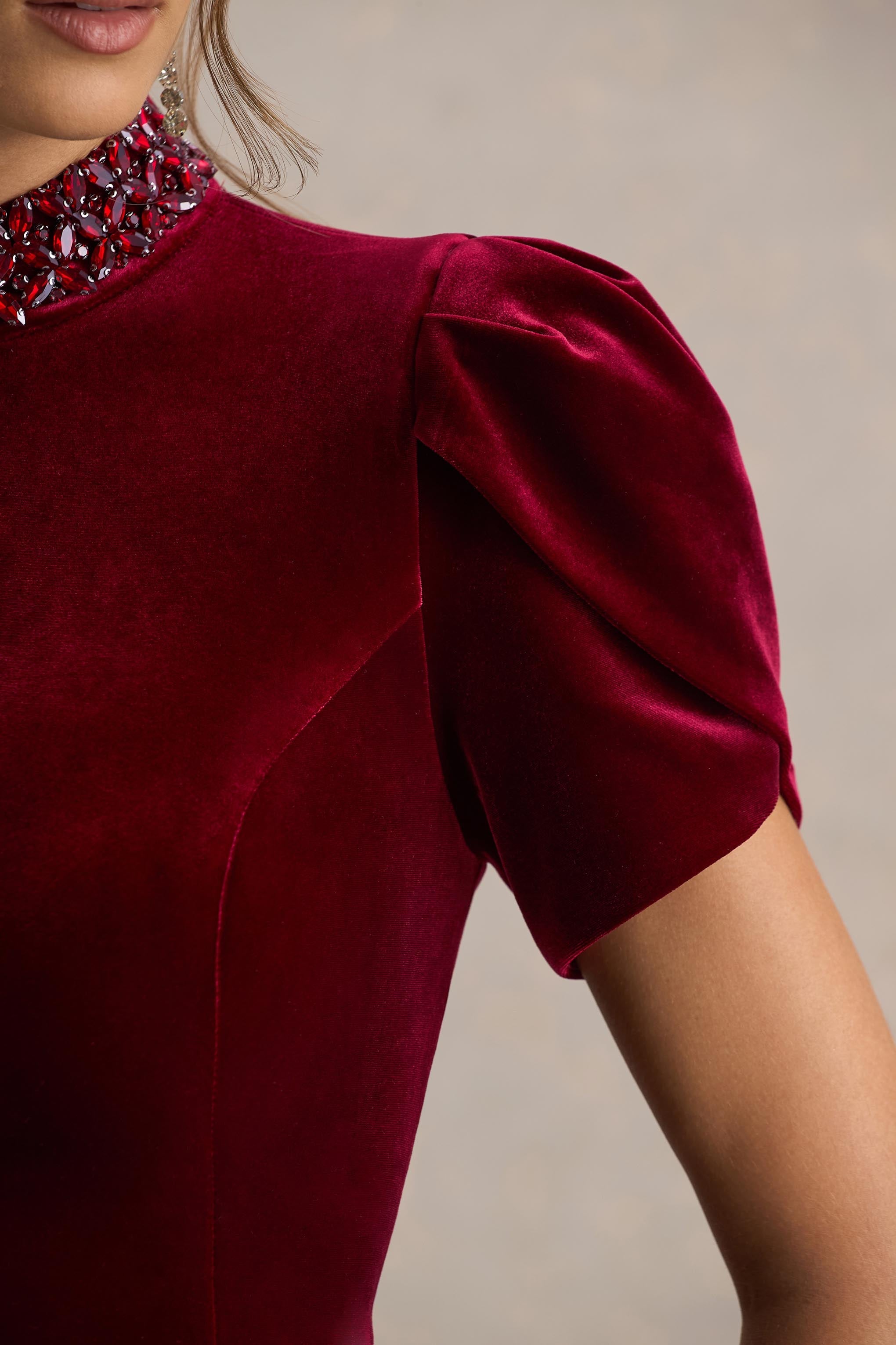 Margot | Burgundy High-Neck Velvet Mini Dress With Embellished Detail-Sowoom