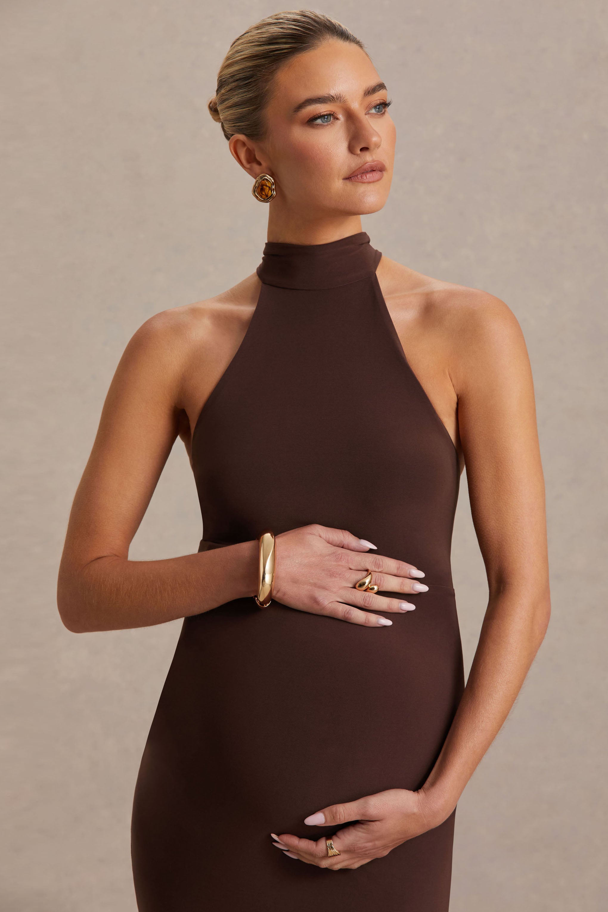 Mireille | Brown Halter-Neck Maternity Midi Dress-Sowoom