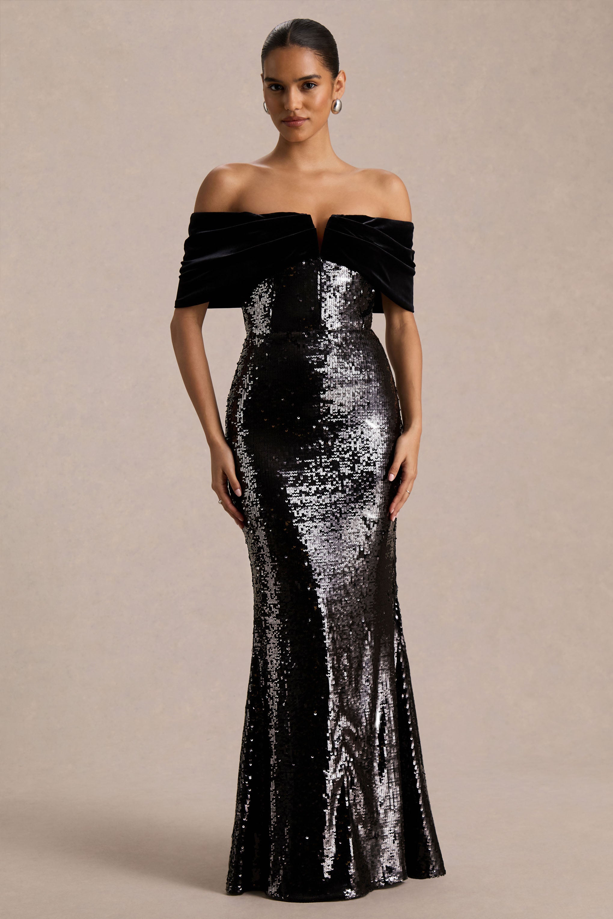 Bex | Black Sequin And Velvet Bardot-Neck Maxi Dress-Sowoom