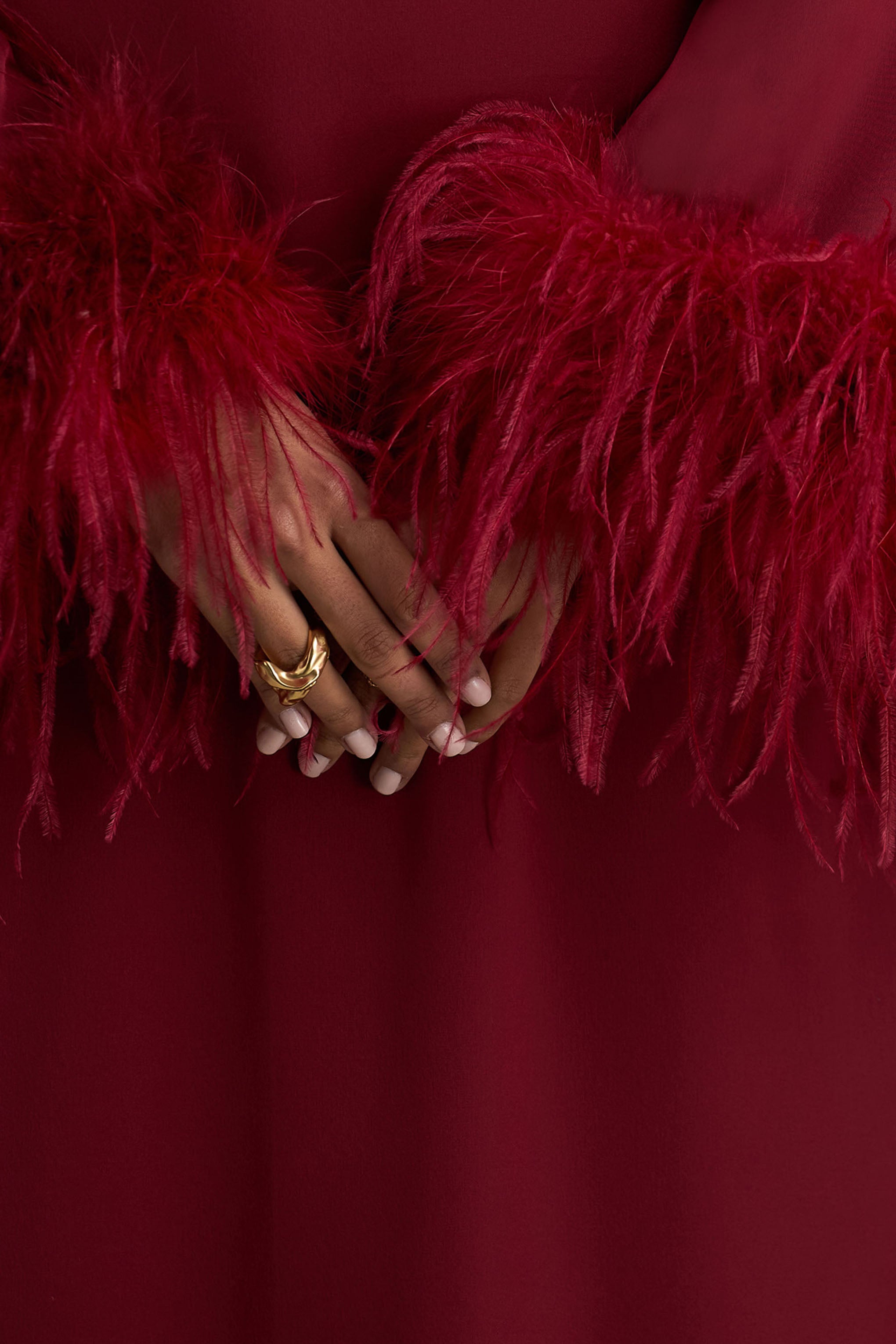 Adella | Burgundy Satin Feather-Trim Maxi Dress-Sowoom