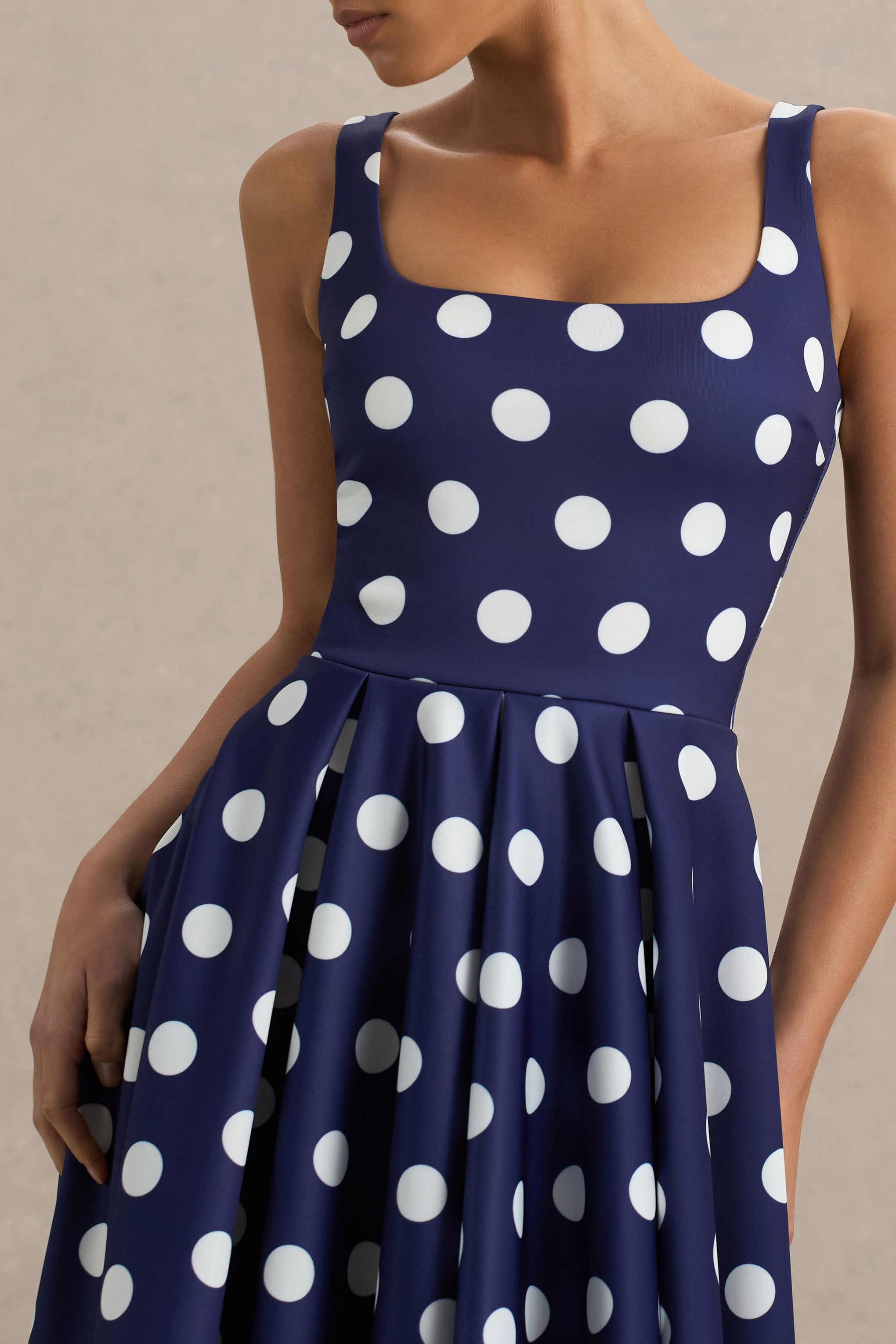 Berta | Navy And White Polka-Dot Square-Neck Midi Dress-Sowoom