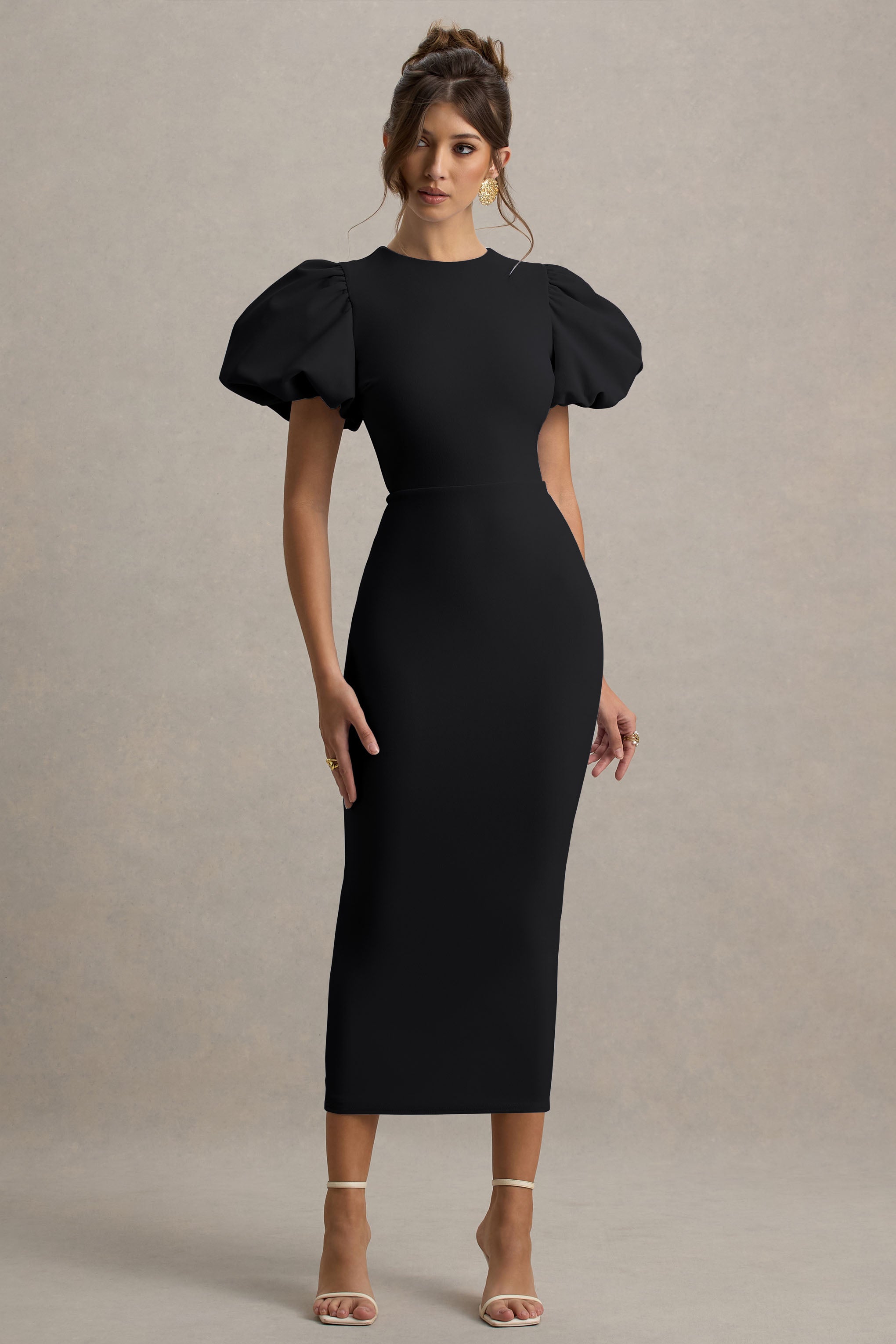 Dakota | Black Puff-Sleeve Midi Dress-Sowoom