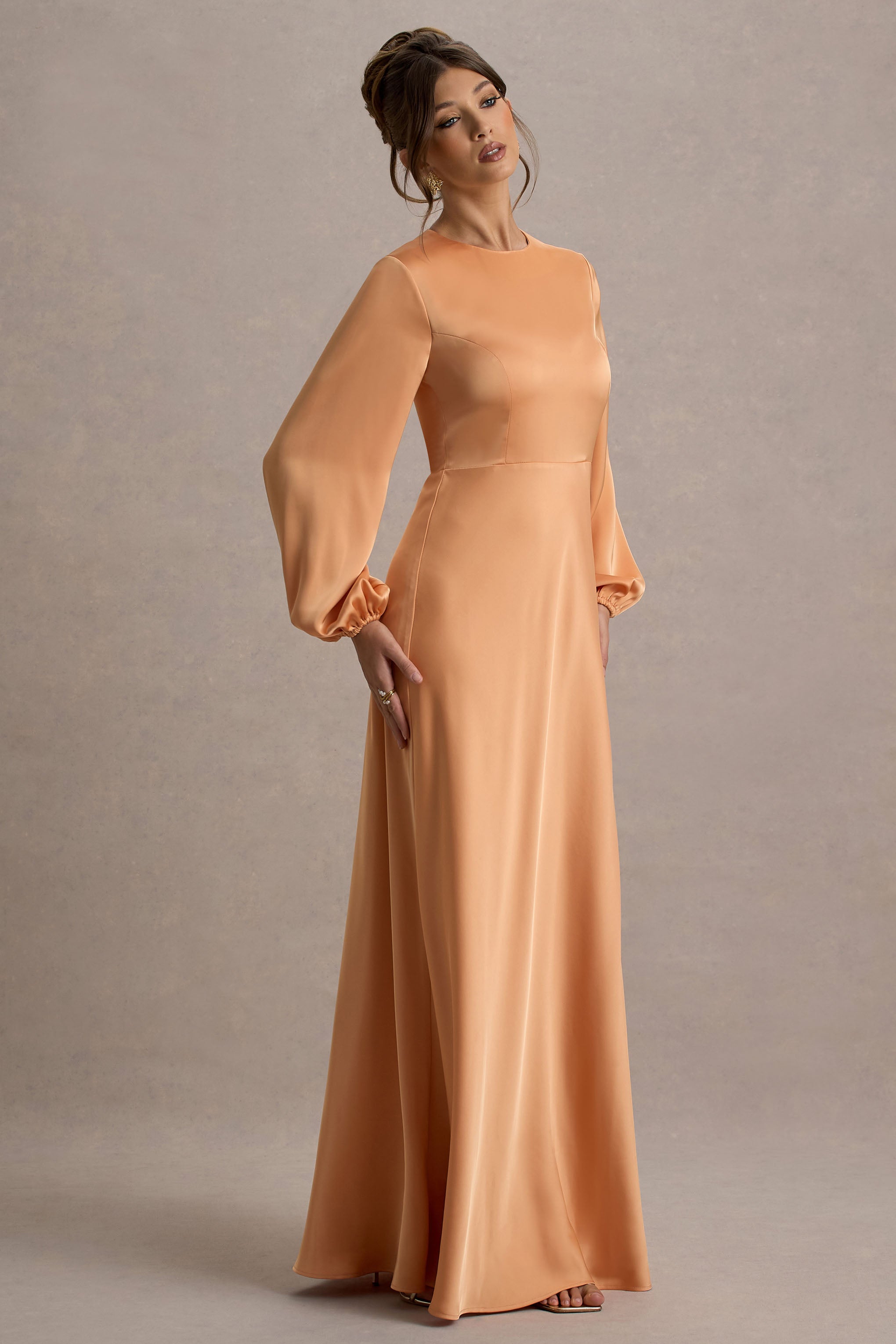 Crawley | Peach Satin Puff-Sleeve Maxi Dress-Sowoom